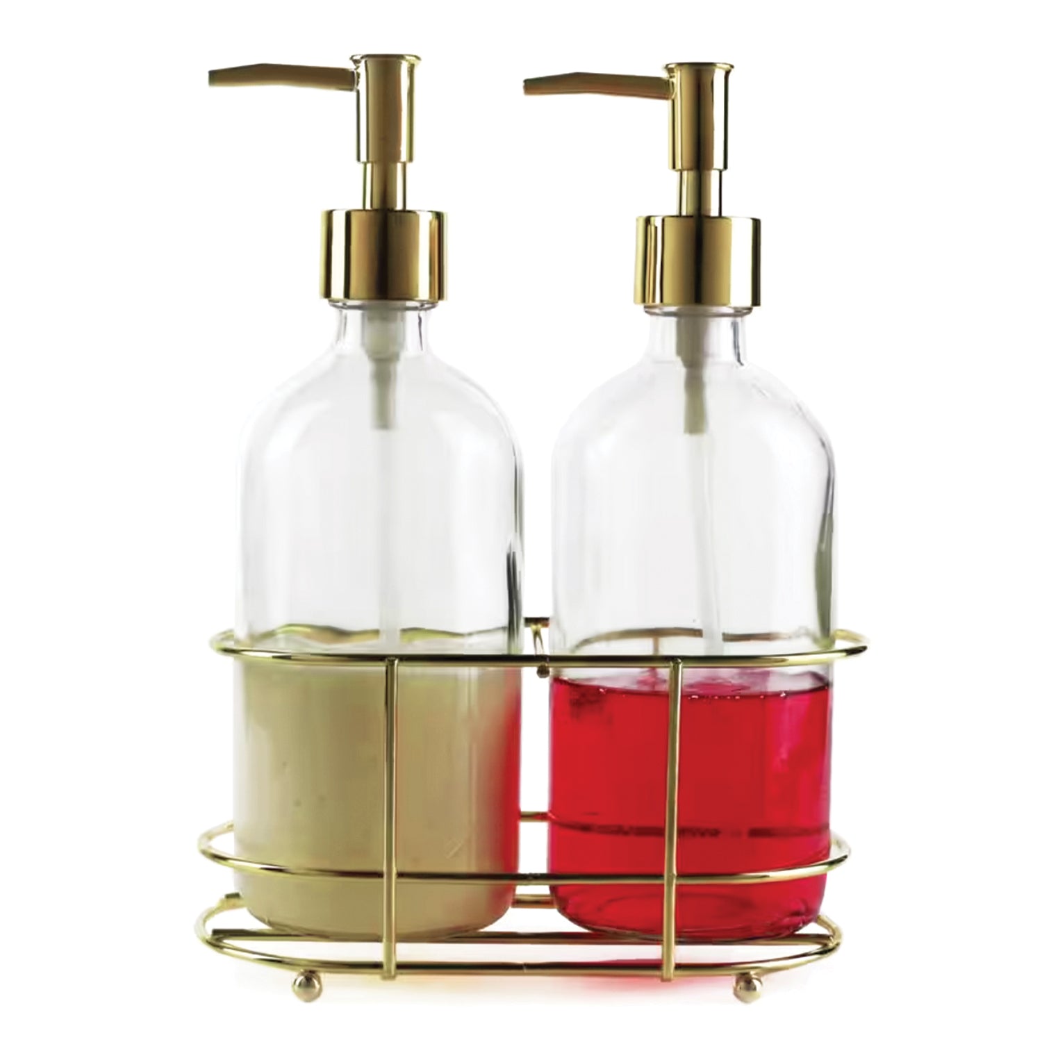 Dispense It Duo 2-Piece Set of 2 Soap Pumps with Gold Color Metal Caddy