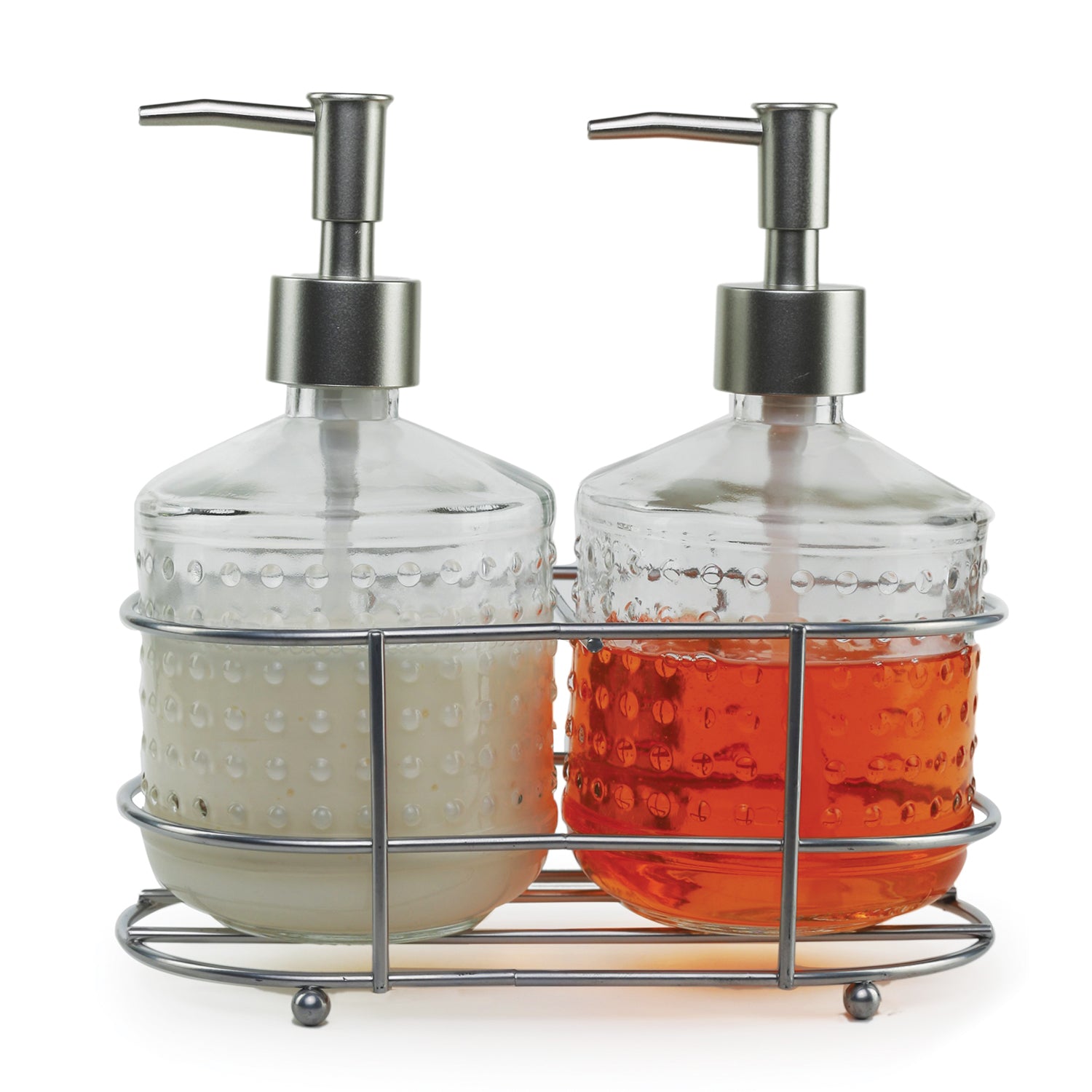 Vintage Hobnail 3-Piece Set - 2 Soap Pumps with Brushed Nickel Finish Caddy