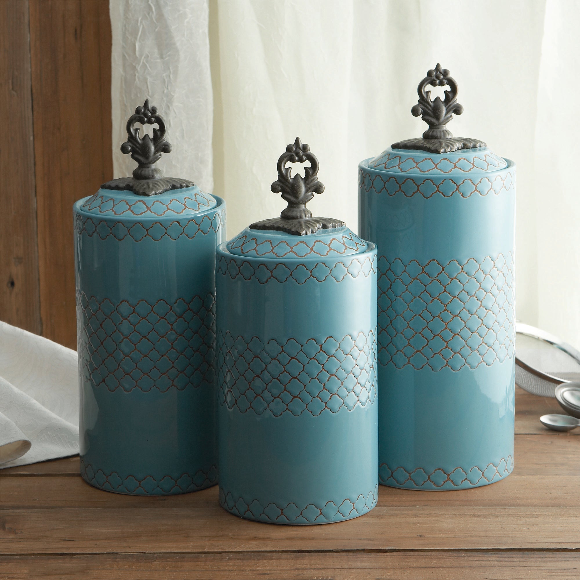Blue Stoneware 3 Pieces Canister Set