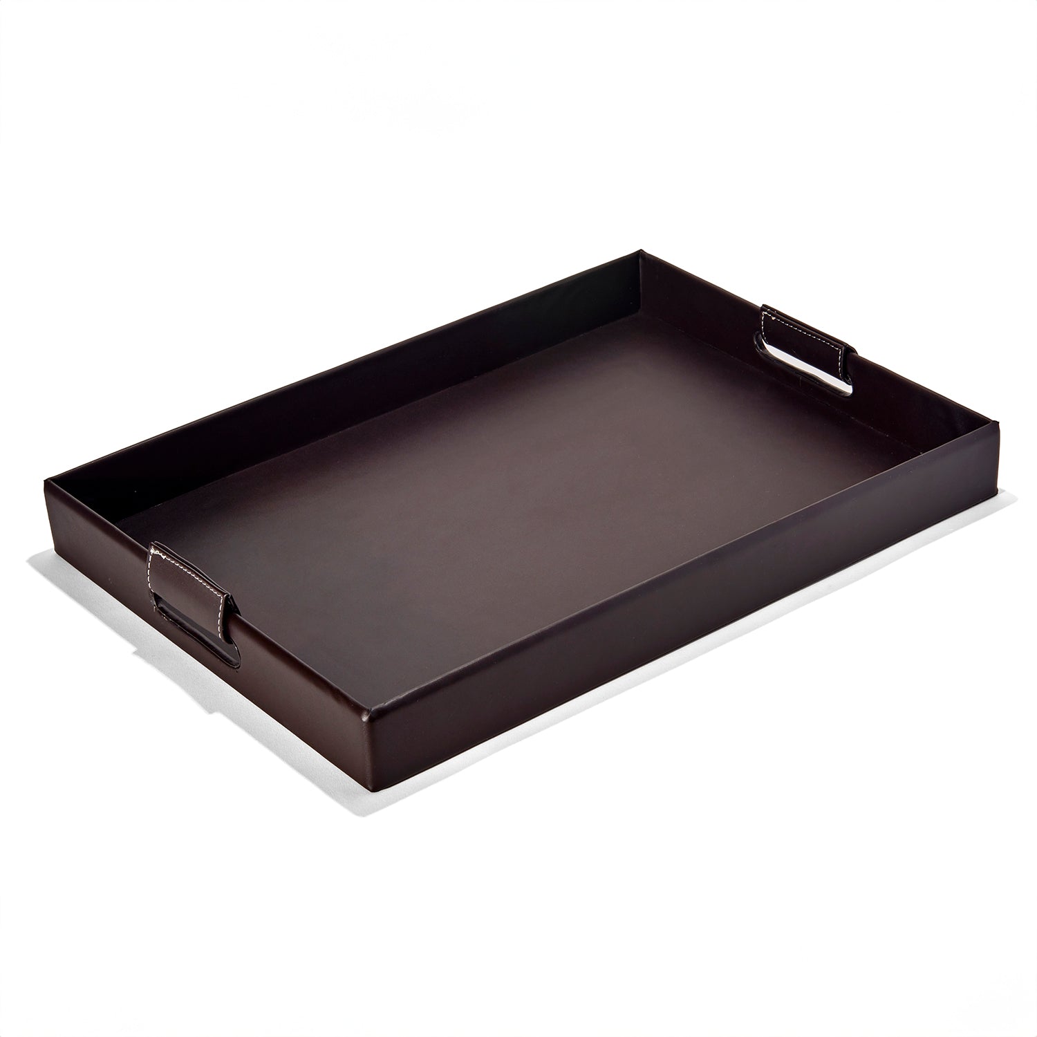Dark PU Leather Brown Tray with Handles 19" X 14"