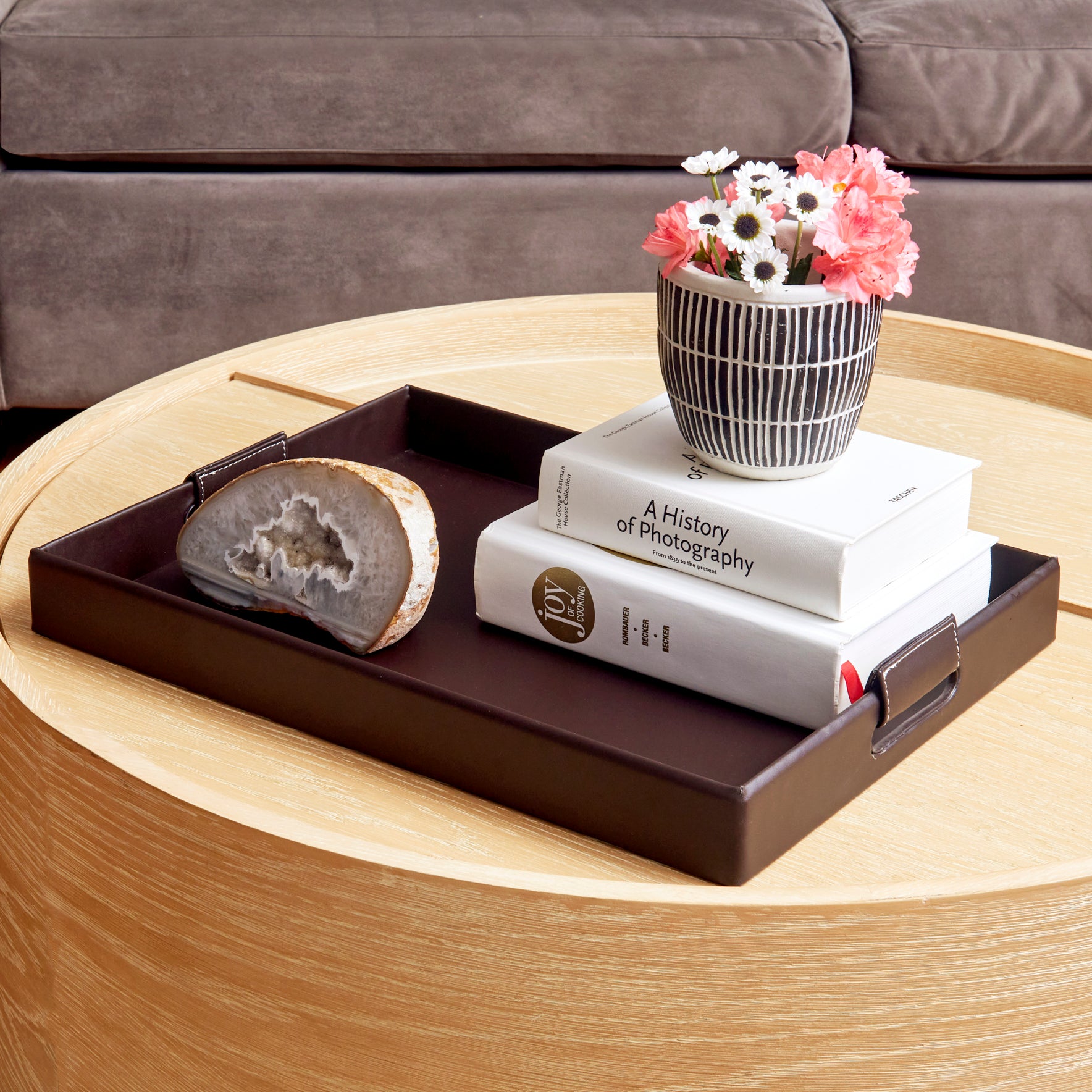 Dark PU Leather Brown Tray with Handles 19" X 14"