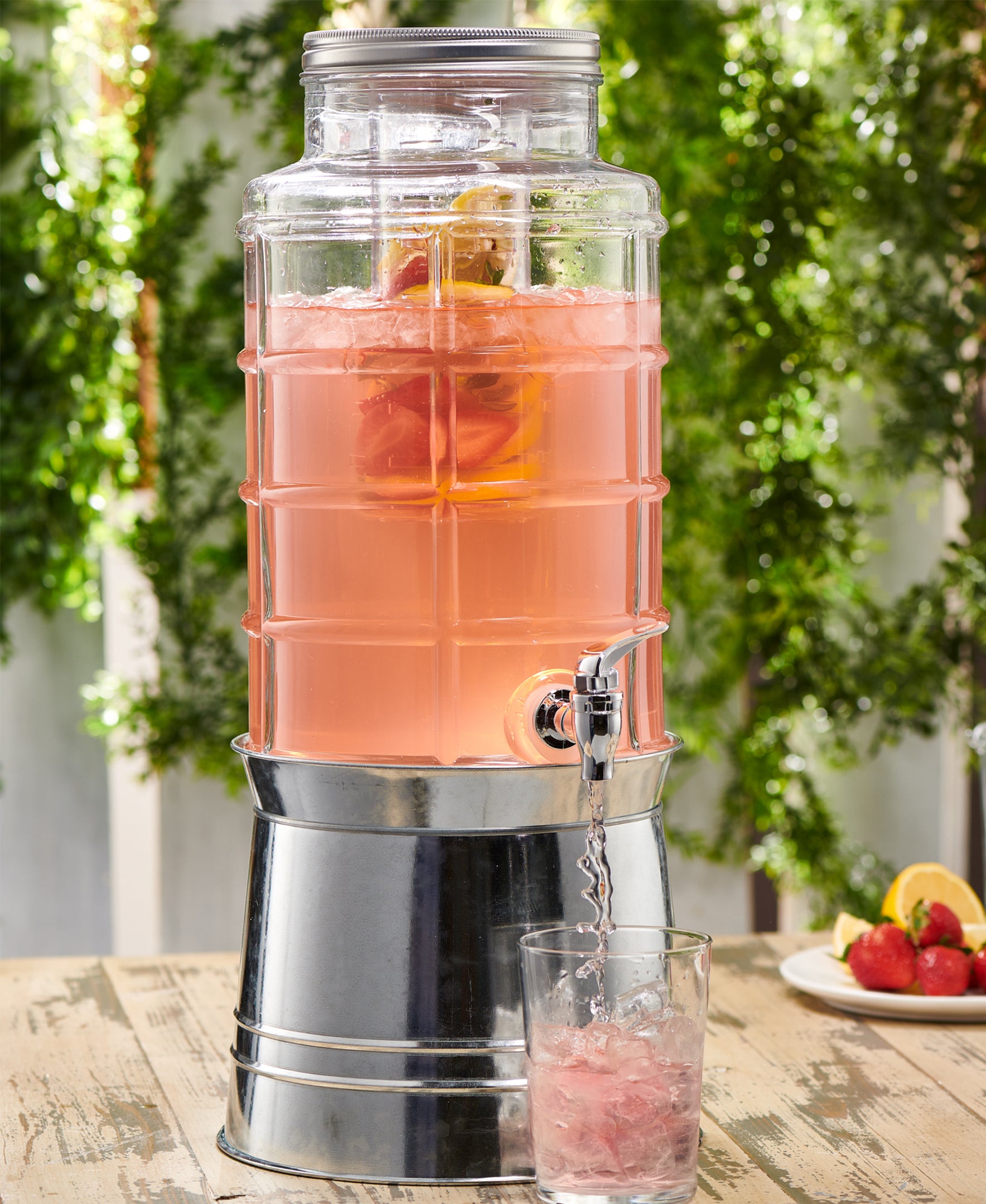 PATCHWORK  BEVERAGE DISPENSER WITH ICE INSERT, FRUIT INFUSER, AND GALVANIZED BASE 2.4 GAL/ 9L DISPENSER