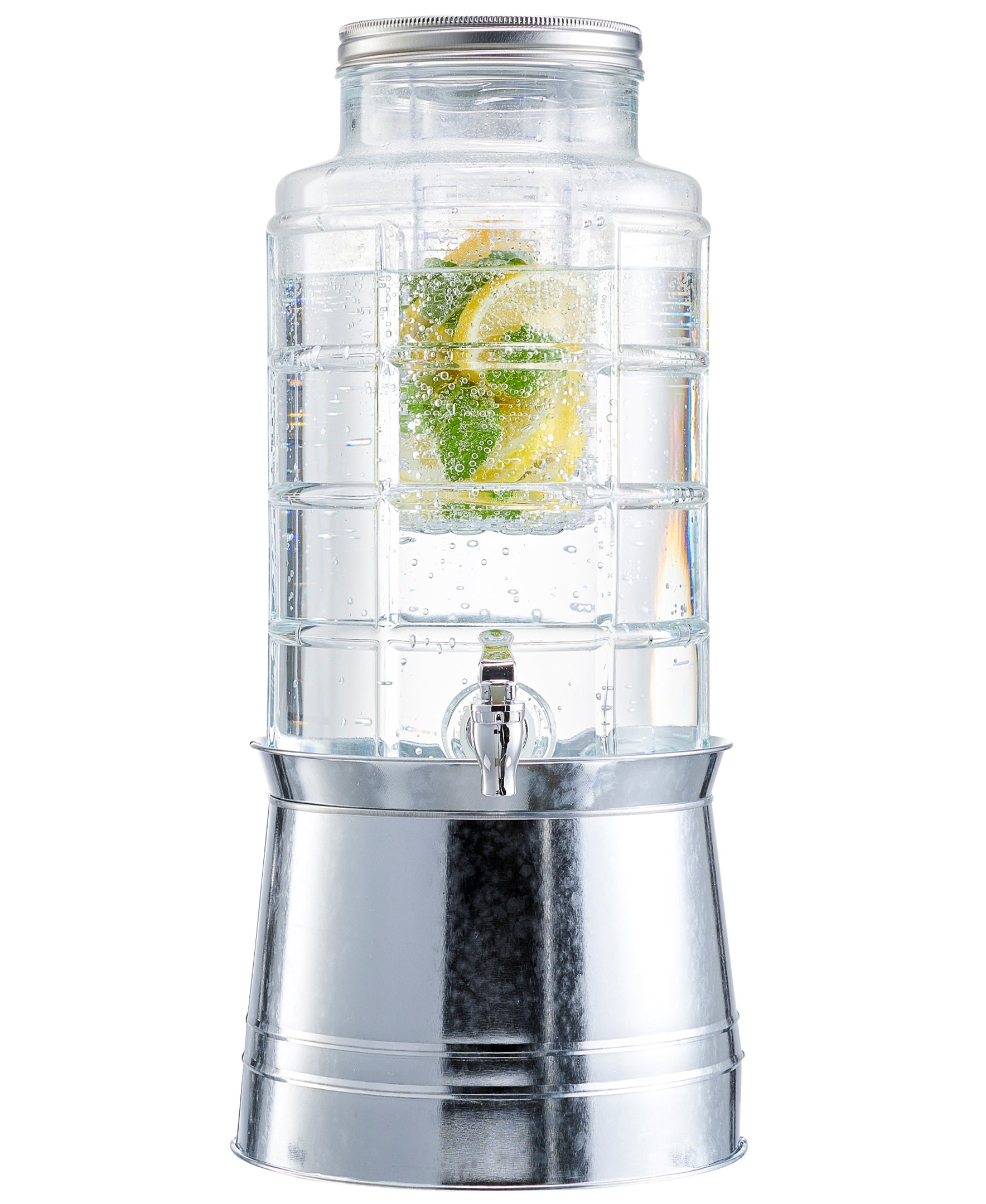 PATCHWORK  BEVERAGE DISPENSER WITH ICE INSERT, FRUIT INFUSER, AND GALVANIZED BASE 2.4 GAL/ 9L DISPENSER