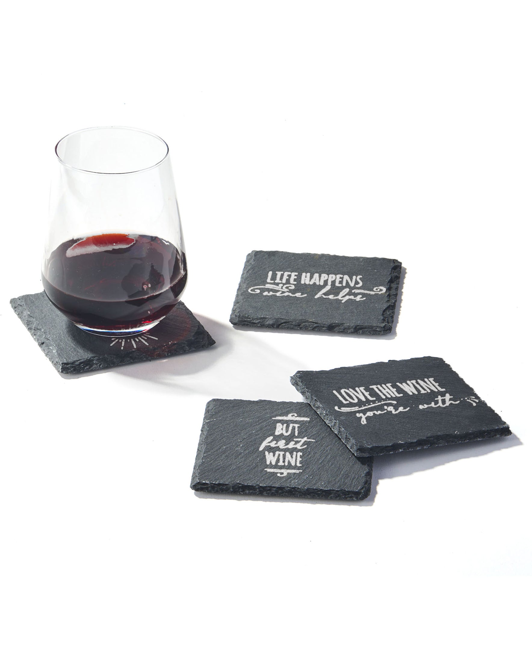 Life Happens - Wine Helps Slate Silver Coasters - Set of 4