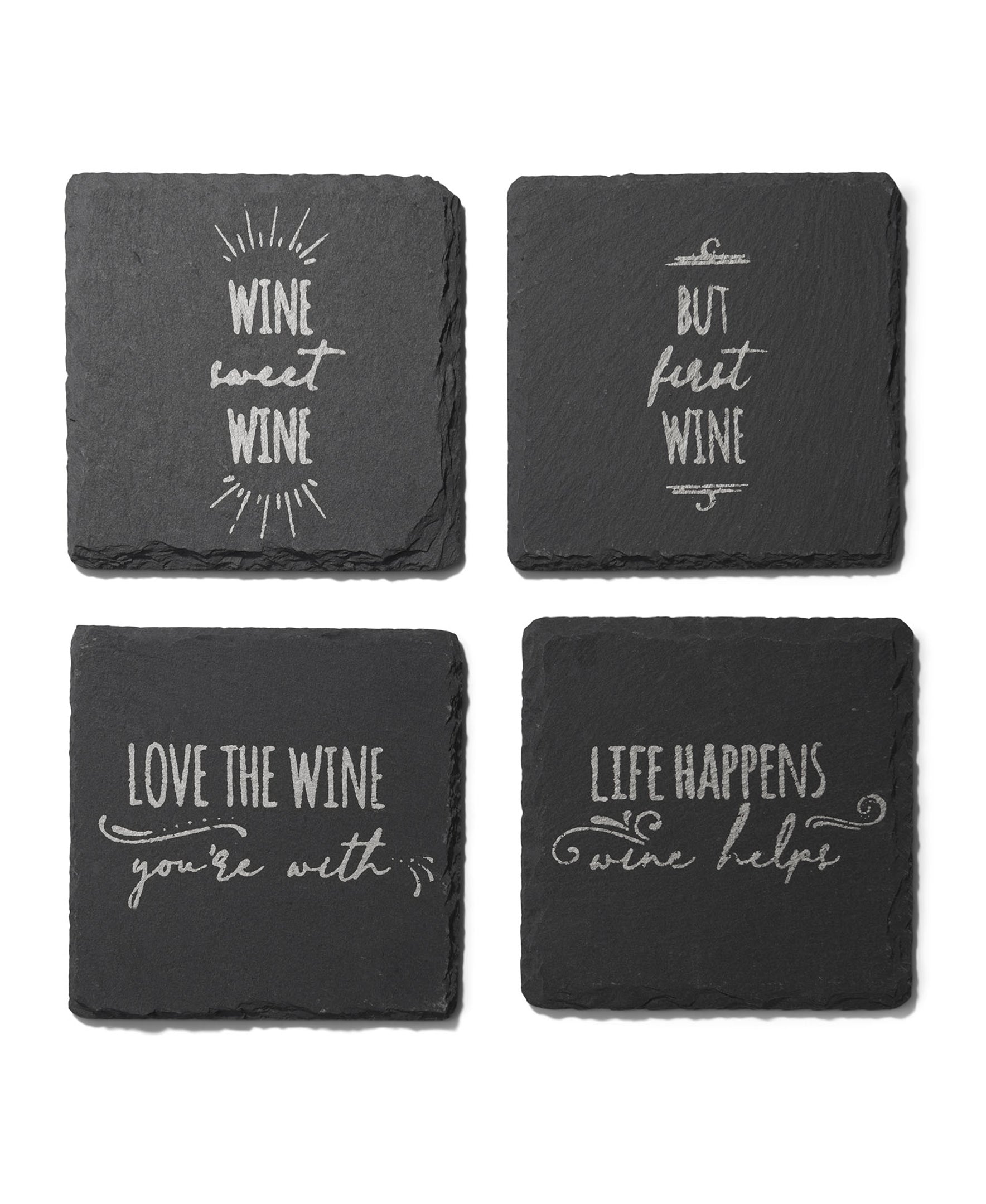 Life Happens - Wine Helps Slate Silver Coasters - Set of 4