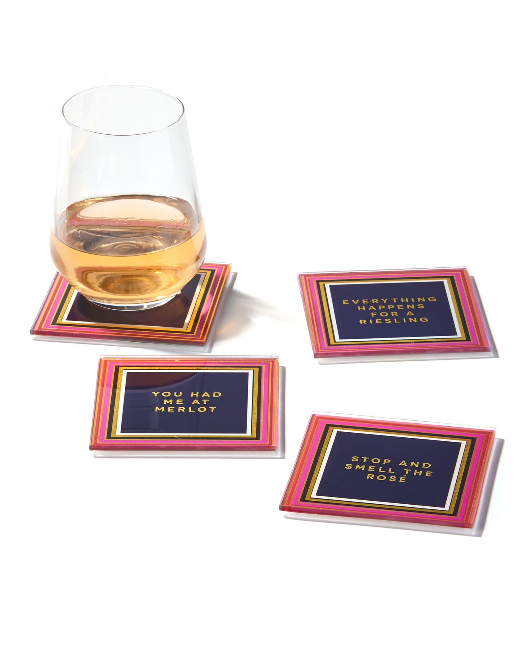 Wine Enthusiast Pink and Gold Glass Coasters - Set of 4