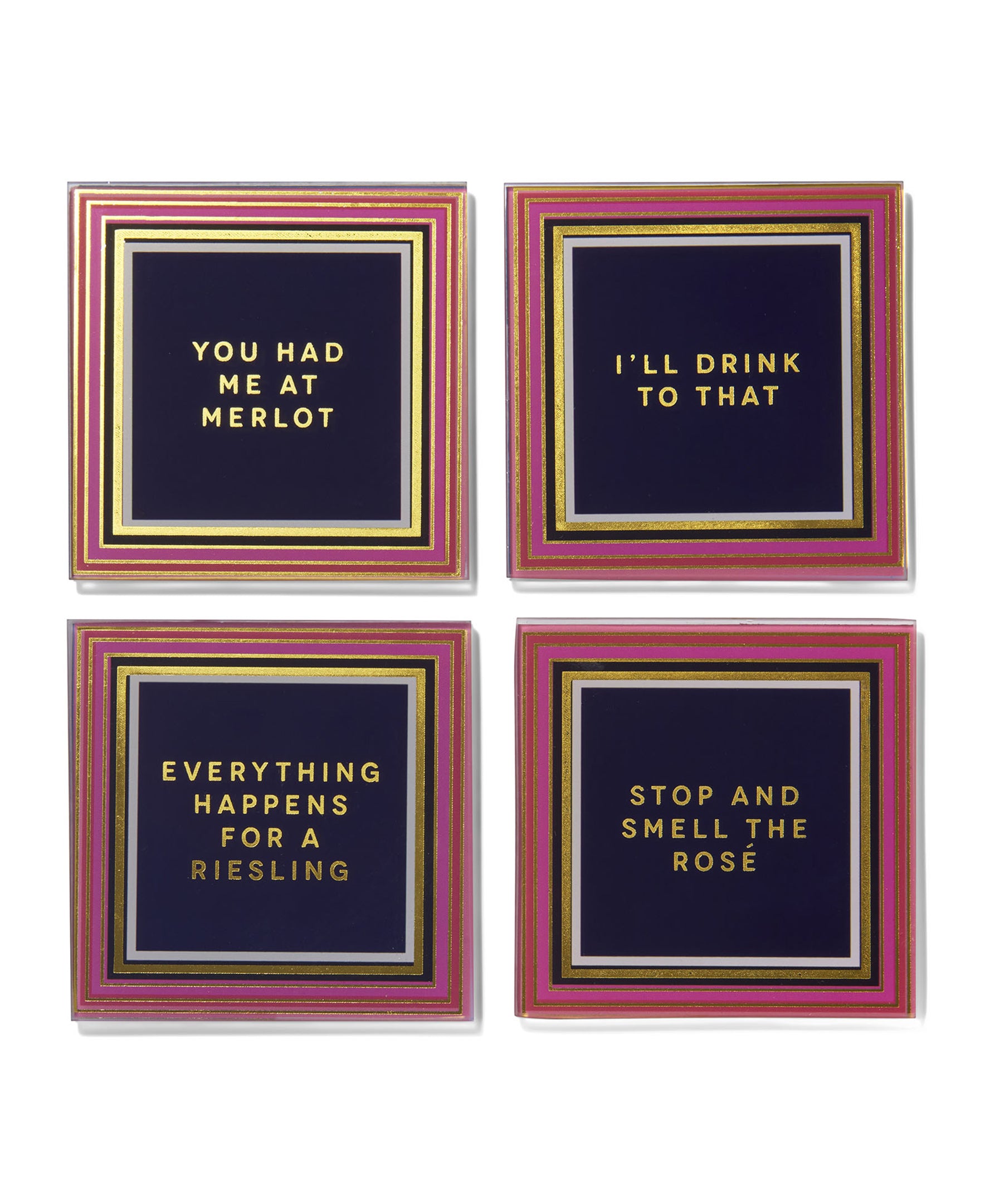 Wine Enthusiast Pink and Gold Glass Coasters - Set of 4