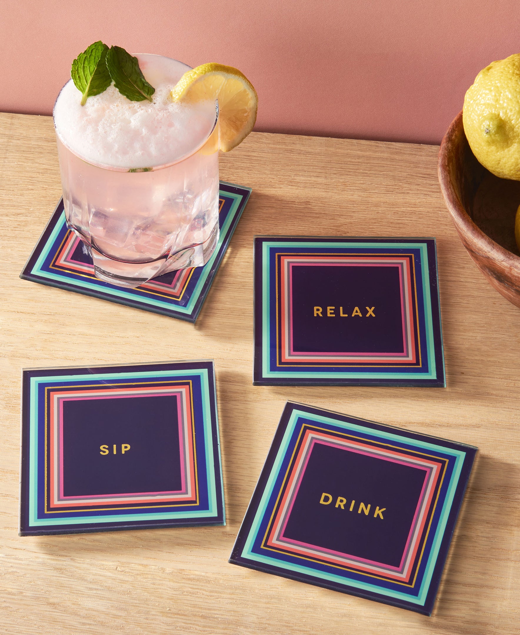 Cheers To You Aqua and Pink Glass Coasters - Set of 4