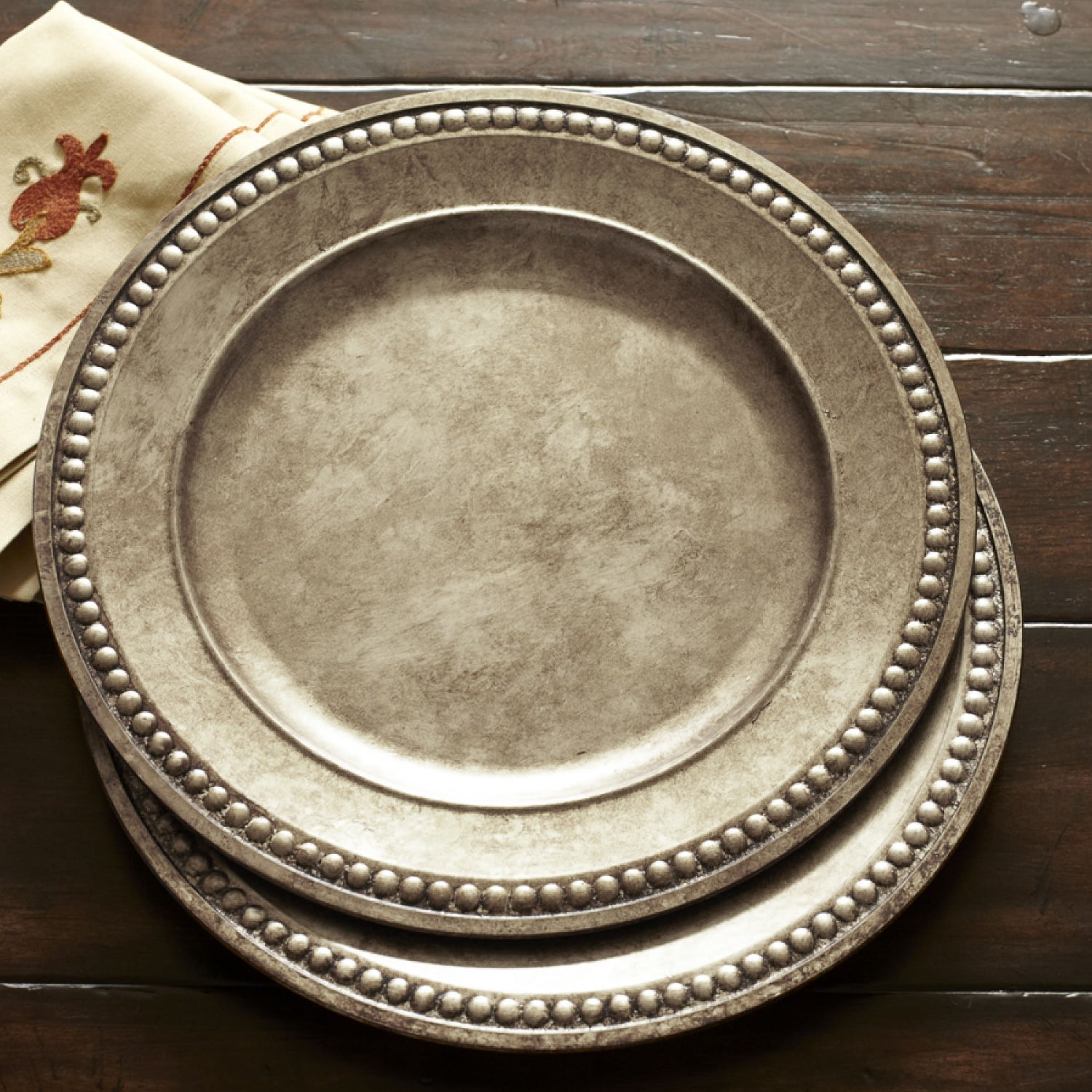 SILVER BEADED CHARGER PLATES SET of 4 14"D