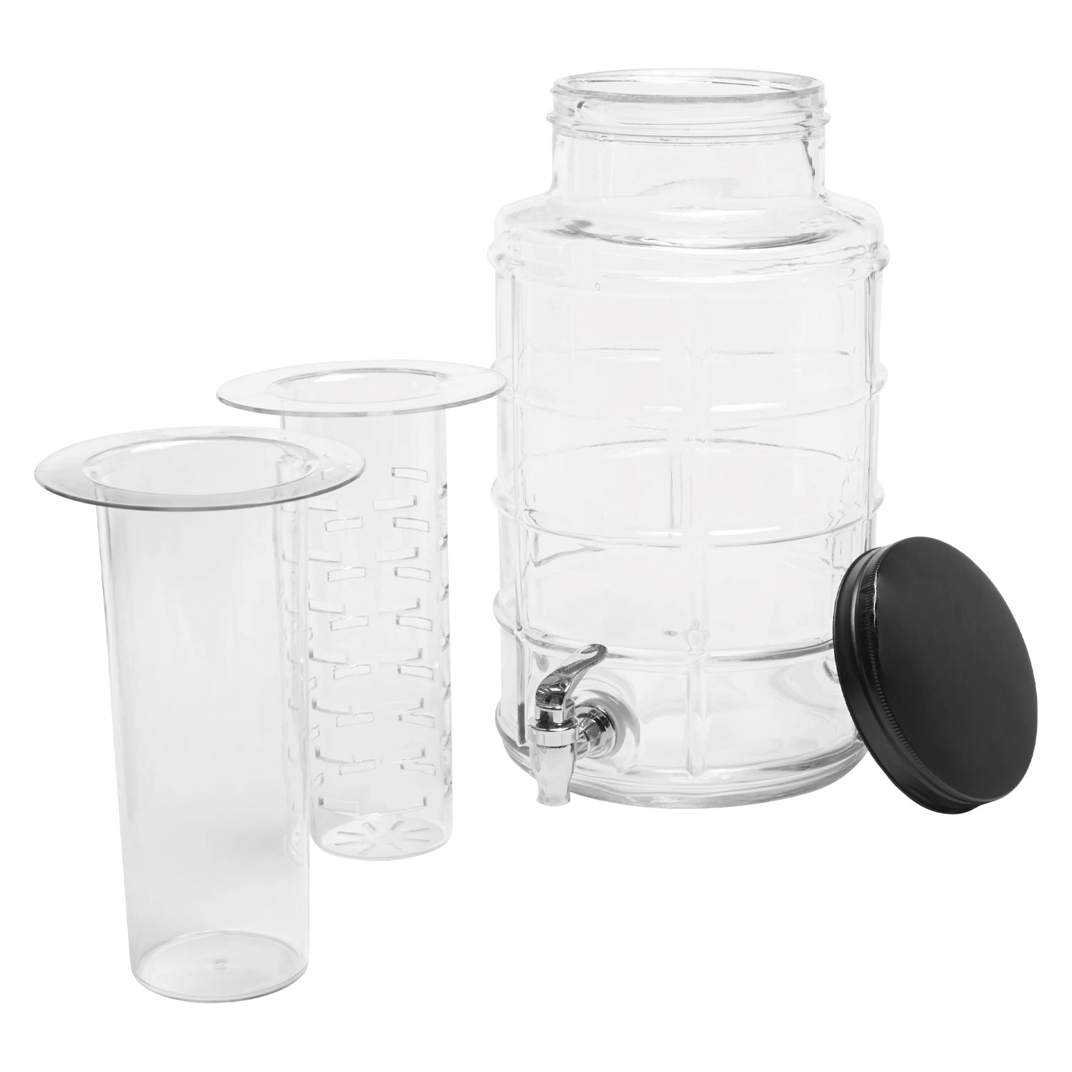 BIG WINDOW BEVERAGE DISPENSER 2.4 Gal/ 9L  W/ICE INSERT, FRUIT INFUSER & BLACK GALVANIZED BASE, re-shipper box