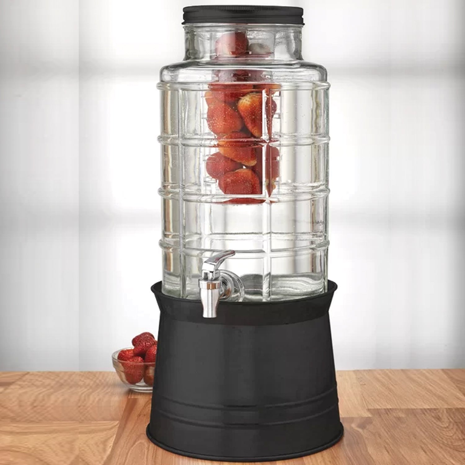 BIG WINDOW BEVERAGE DISPENSER 2.4 Gal/ 9L  W/ICE INSERT, FRUIT INFUSER & BLACK GALVANIZED BASE, re-shipper box