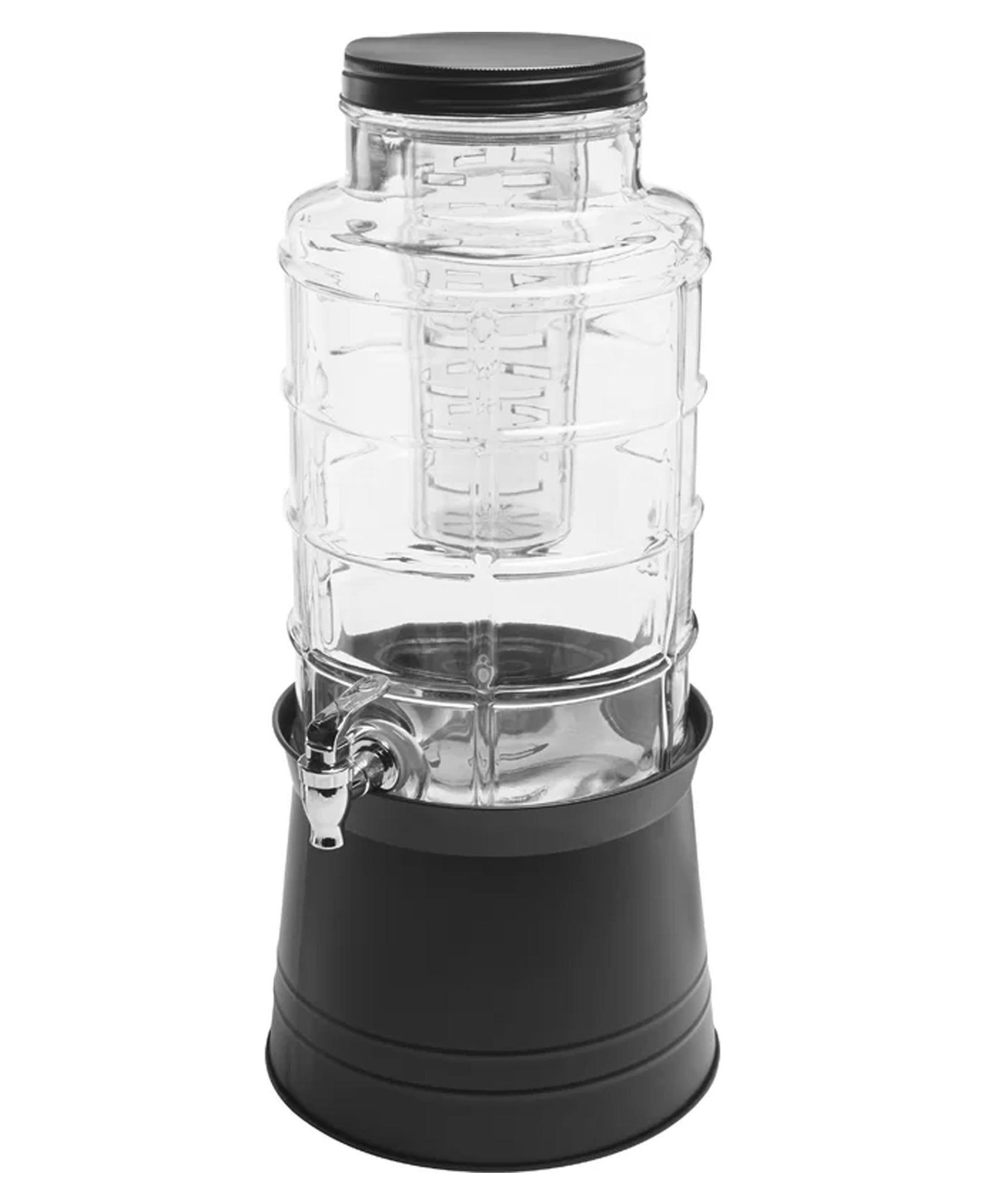 BIG WINDOW BEVERAGE DISPENSER 2.4 Gal/ 9L  W/ICE INSERT, FRUIT INFUSER & BLACK GALVANIZED BASE, re-shipper box