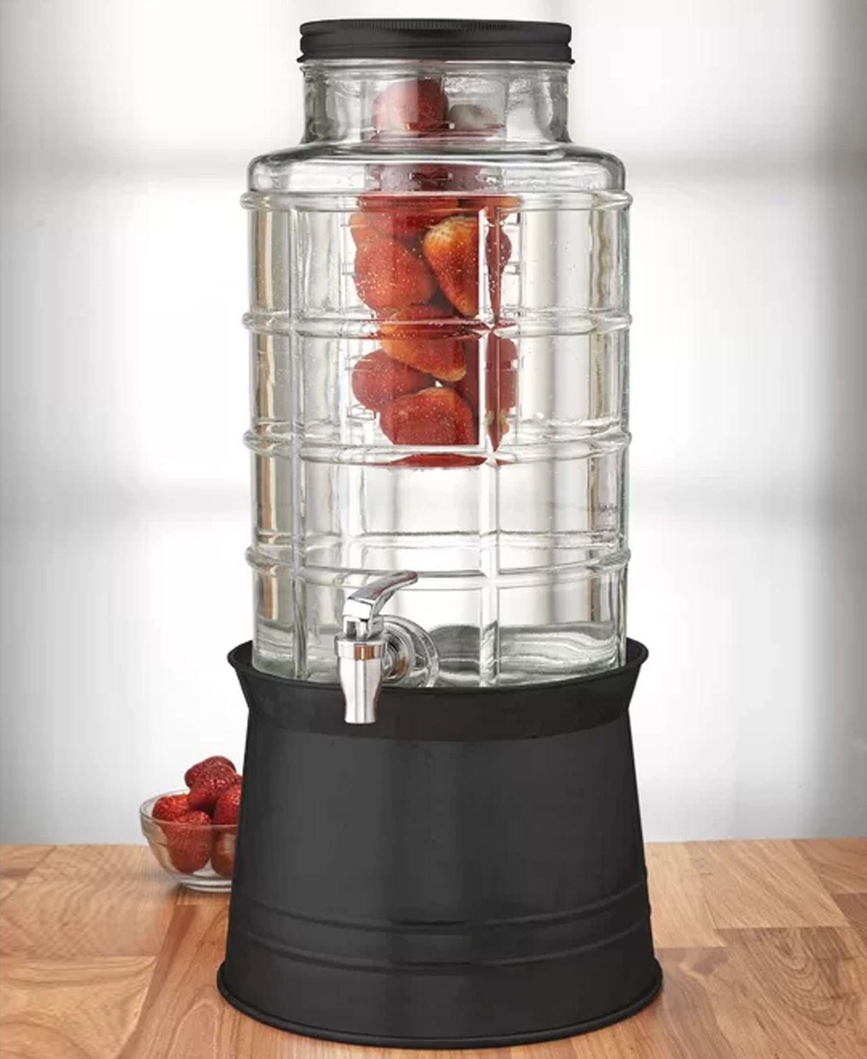 BIG WINDOW BEVERAGE DISPENSER 2.4 Gal/ 9L  W/ICE INSERT, FRUIT INFUSER & BLACK GALVANIZED BASE, re-shipper box