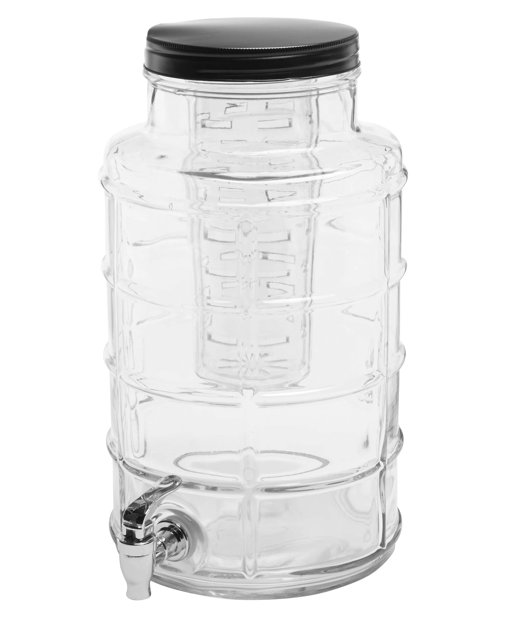 BIG WINDOW BEVERAGE DISPENSER 2.4 Gal/ 9L  W/ICE INSERT, FRUIT INFUSER & BLACK GALVANIZED BASE, re-shipper box