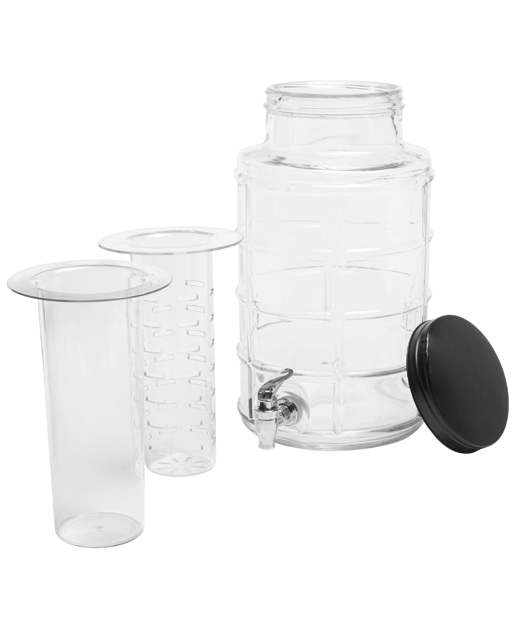 BIG WINDOW BEVERAGE DISPENSER 2.4 Gal/ 9L  W/ICE INSERT, FRUIT INFUSER & BLACK GALVANIZED BASE, re-shipper box