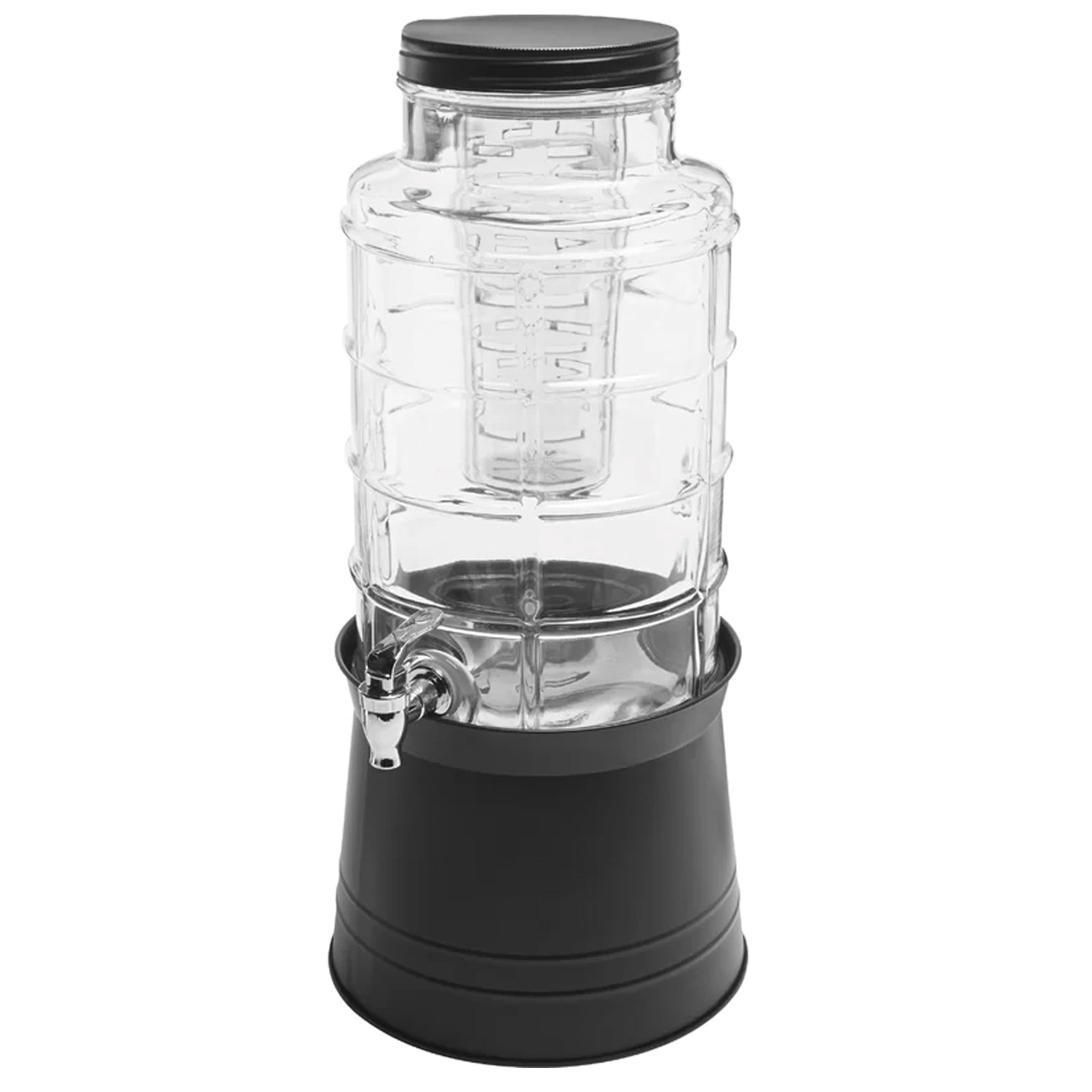 BIG WINDOW BEVERAGE DISPENSER 2.4 Gal/ 9L  W/ICE INSERT, FRUIT INFUSER & BLACK GALVANIZED BASE, re-shipper box