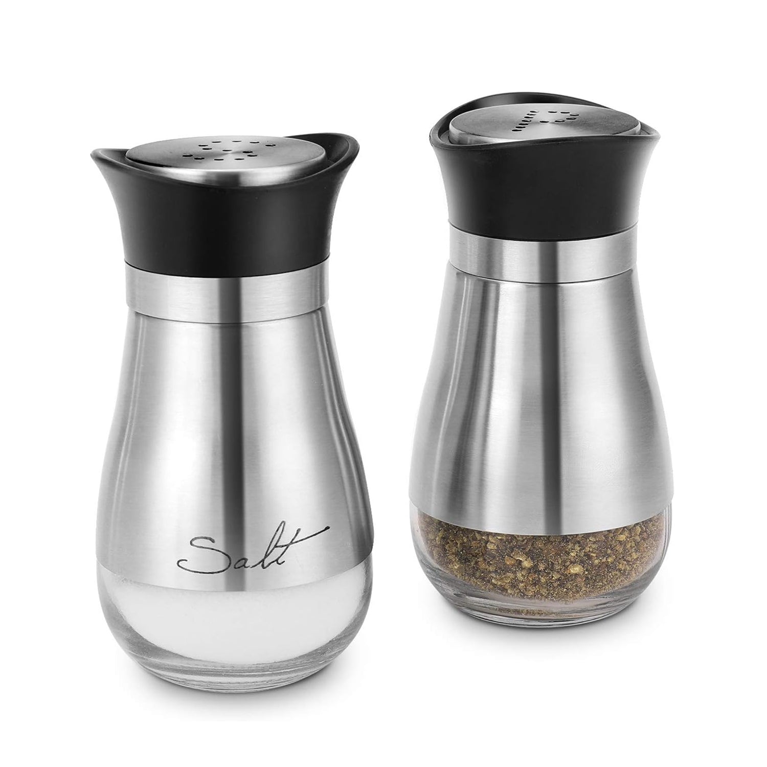 CAFE CONTEMPO SILVER and Glass 2pc SALT & PEPPER SET 4.42oz. each, in remailer