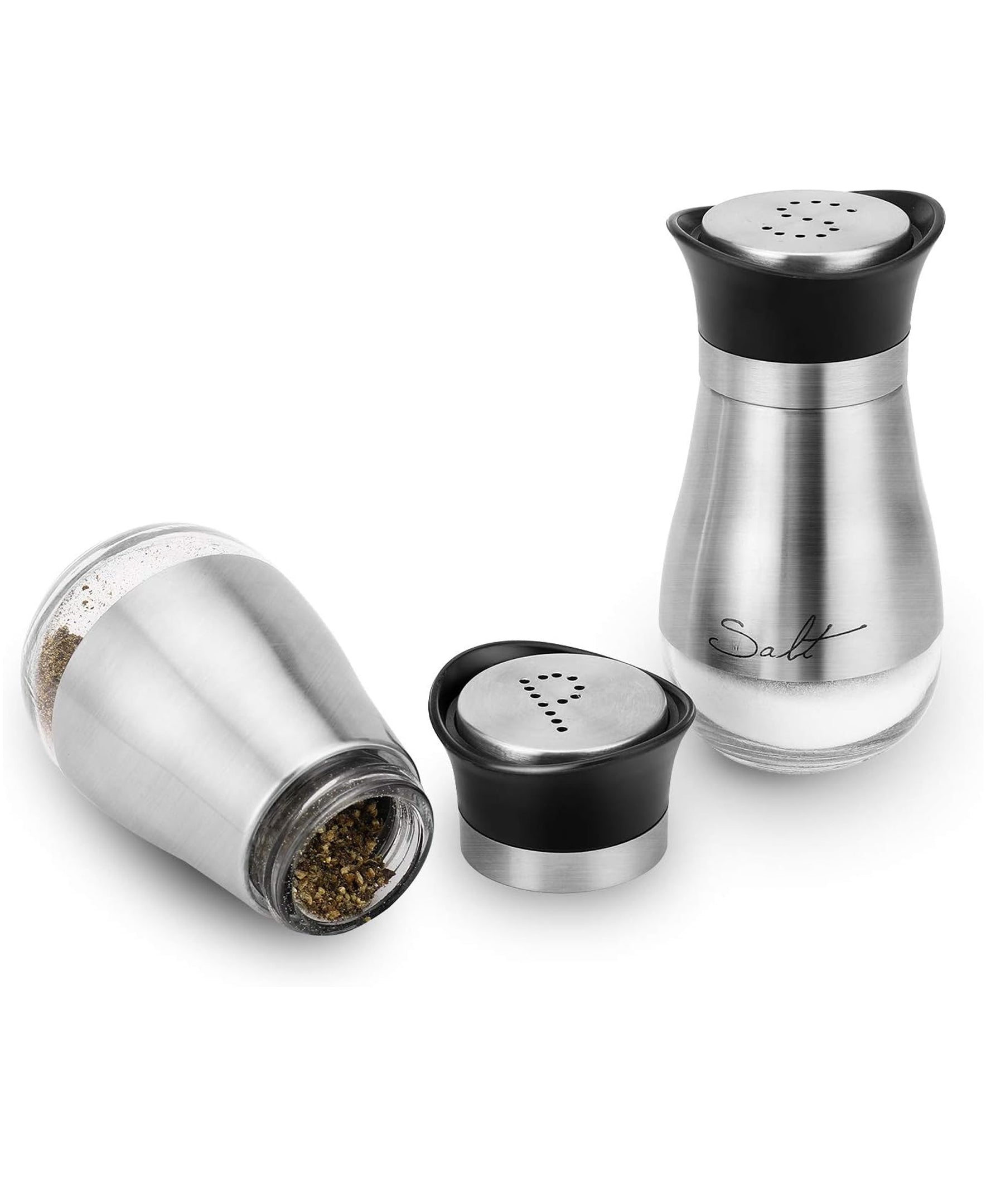CAFE CONTEMPO SILVER and Glass 2pc SALT & PEPPER SET 4.42oz. each, in remailer