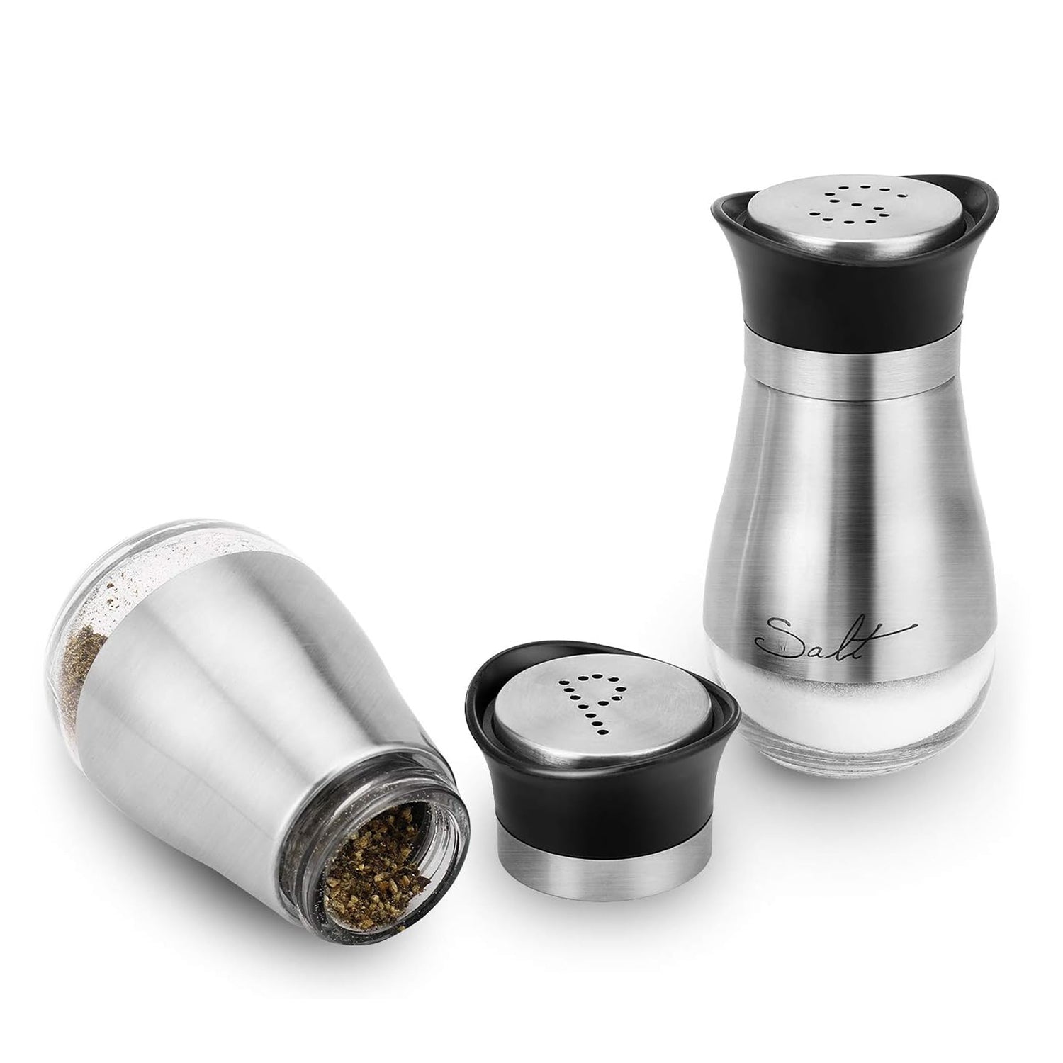 CAFE CONTEMPO SILVER and Glass 2pc SALT & PEPPER SET 4.42oz. each, in remailer