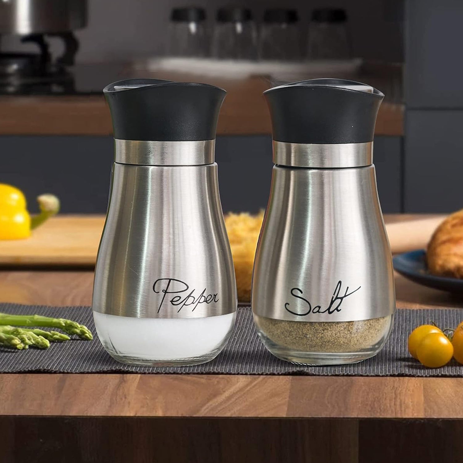 CAFE CONTEMPO SILVER and Glass 2pc SALT & PEPPER SET 4.42oz. each, in remailer