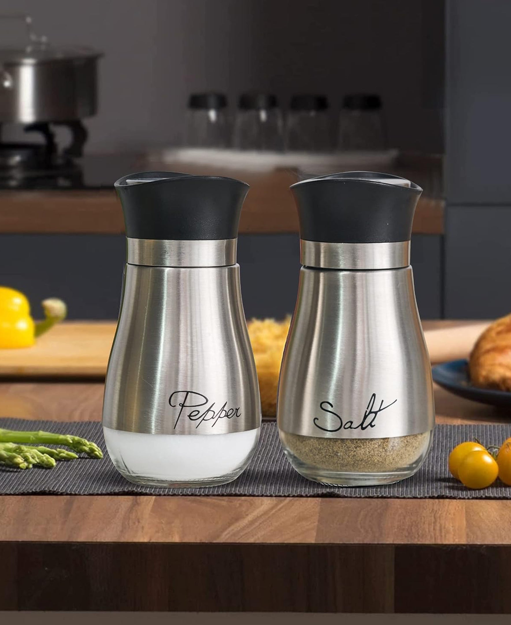 CAFE CONTEMPO SILVER and Glass 2pc SALT & PEPPER SET 4.42oz. each, in remailer