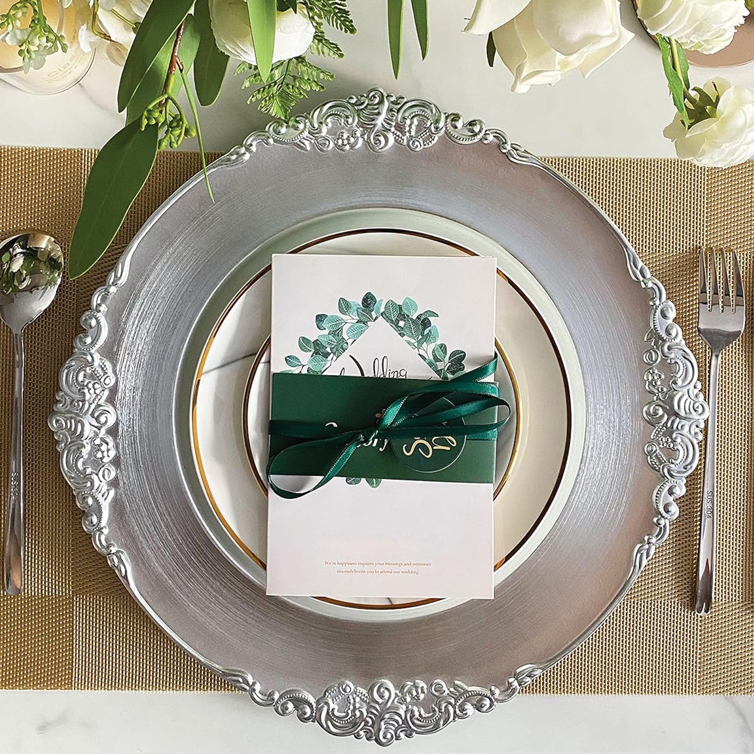 Silver Leaf Design Charger Plate Set, 4 Pieces