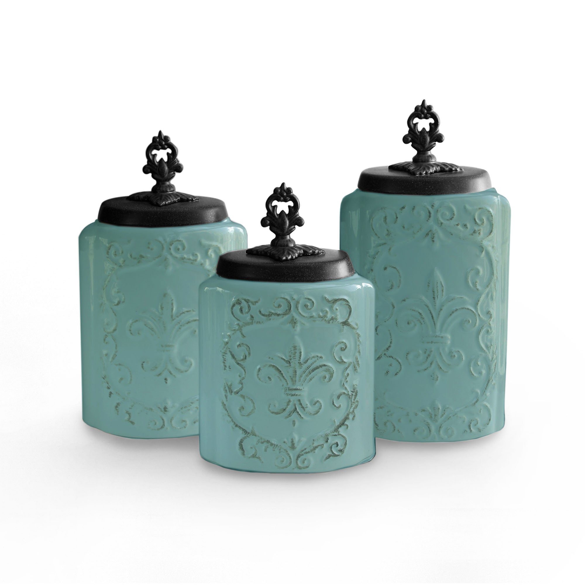 Blue Antique Stoneware Canister Set, 3 Pieces