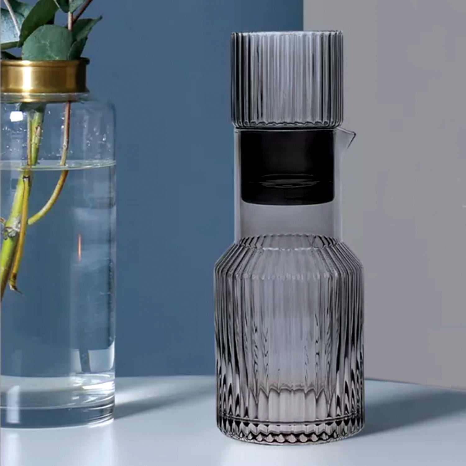 Gray Ribbed Glass 2-Piece Carafe Set