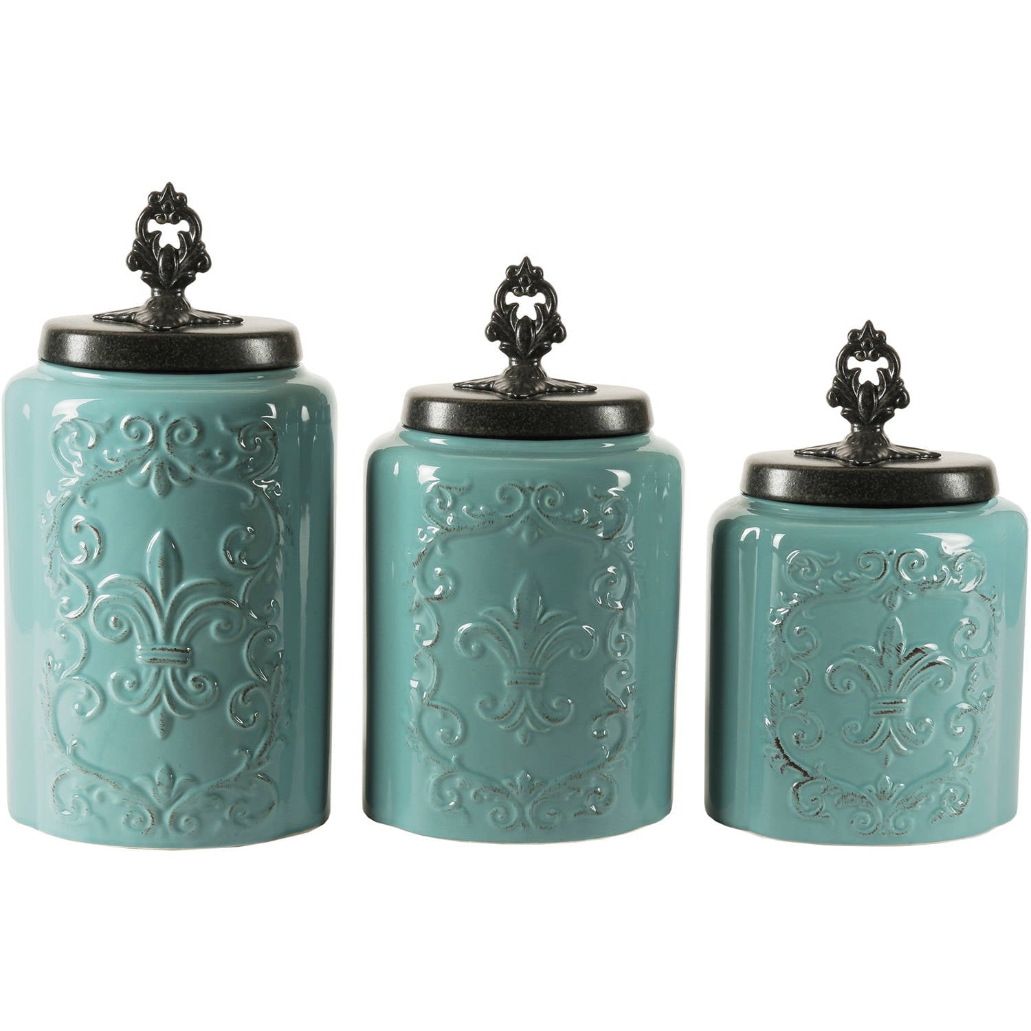 Blue Antique Stoneware Canister Set, 3 Pieces