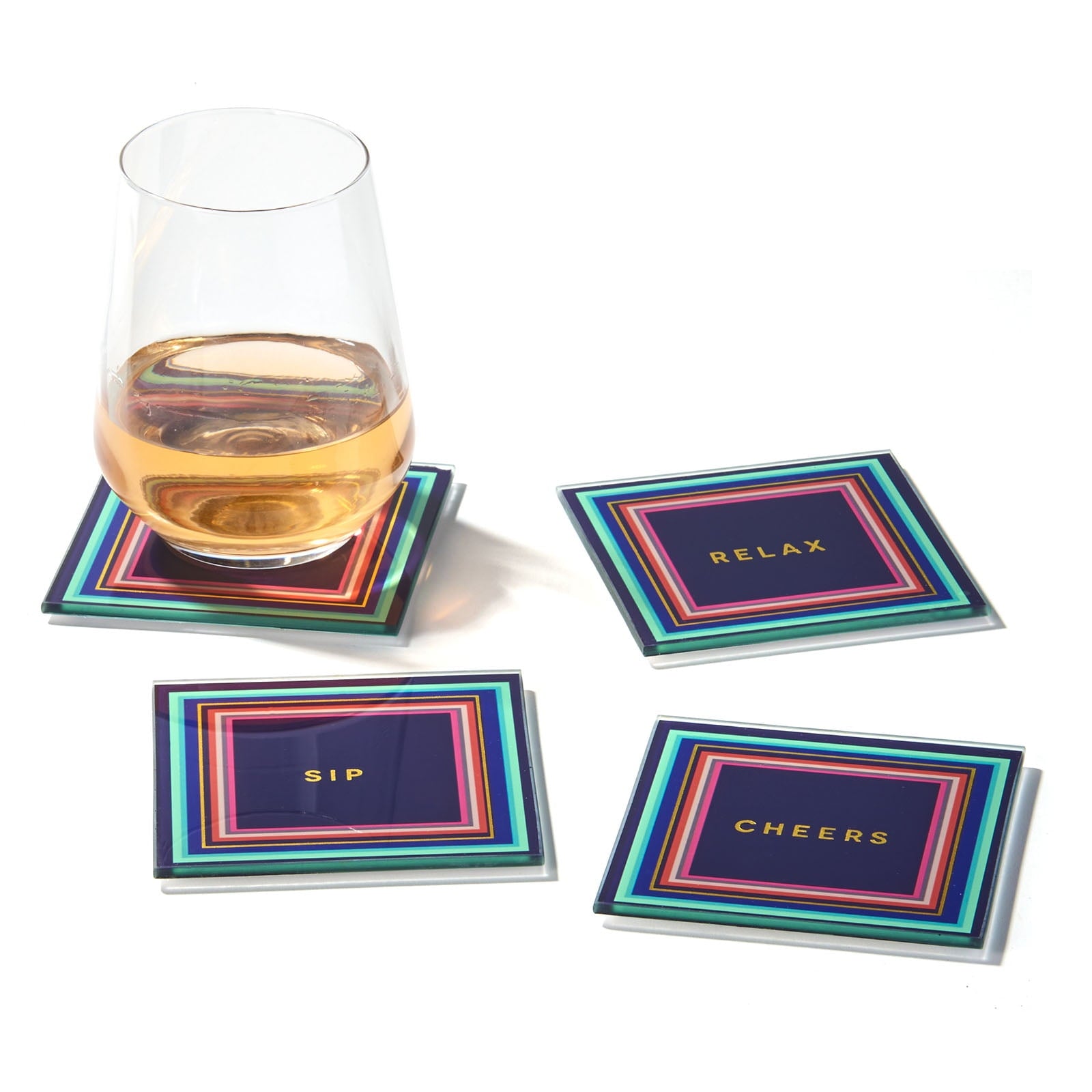 Cheers To You Aqua and Pink Glass Coasters - Set of 4