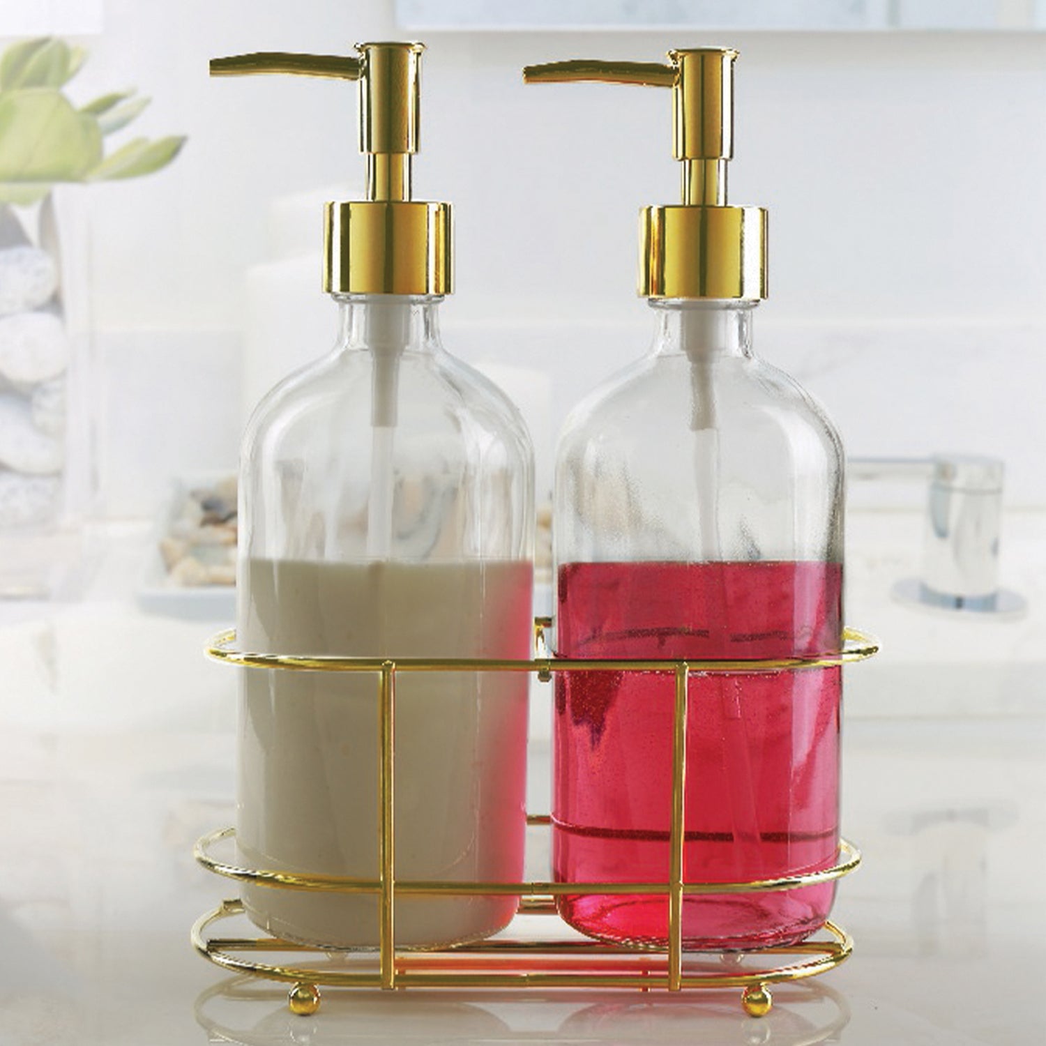 Dispense It Duo 2-Piece Set of 2 Soap Pumps with Gold Color Metal Caddy
