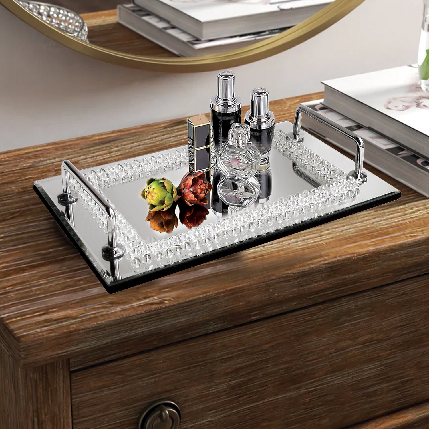 Mirror Tray with Beads & Handle