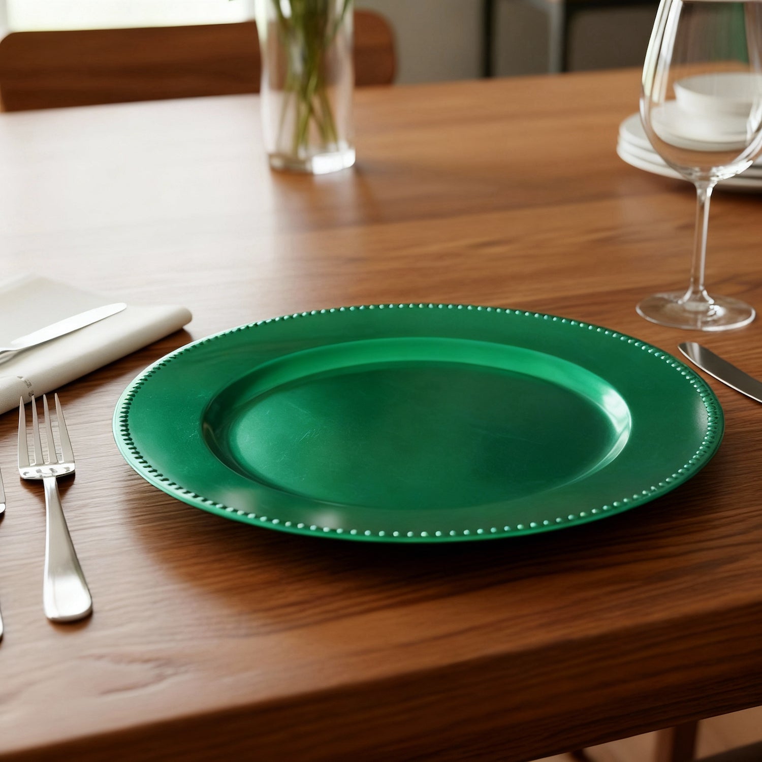 Emerald Green Beaded Charger Plate Set - 12 Pieces