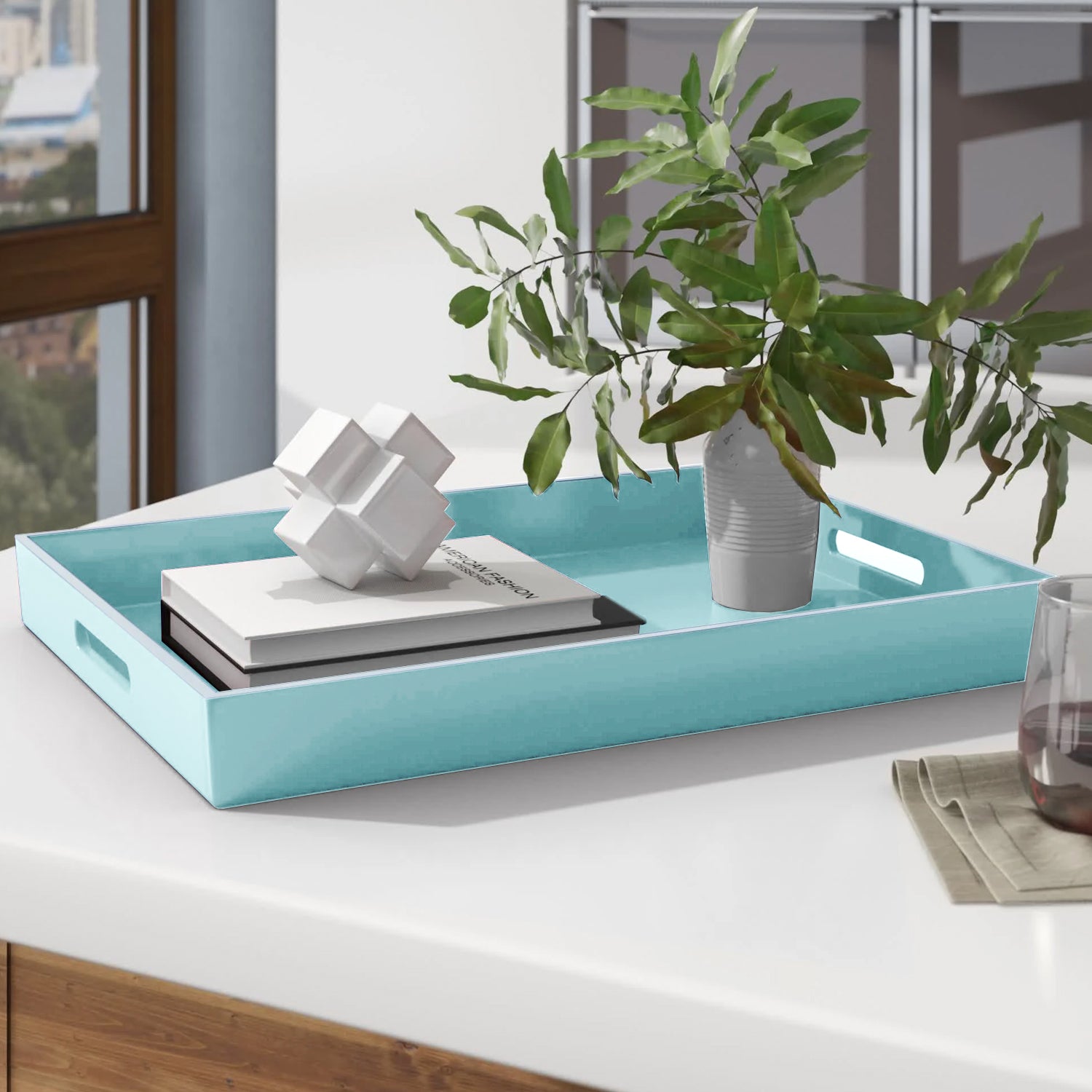 TEAL RECTANGULAR TRAY  W/ HANDLES