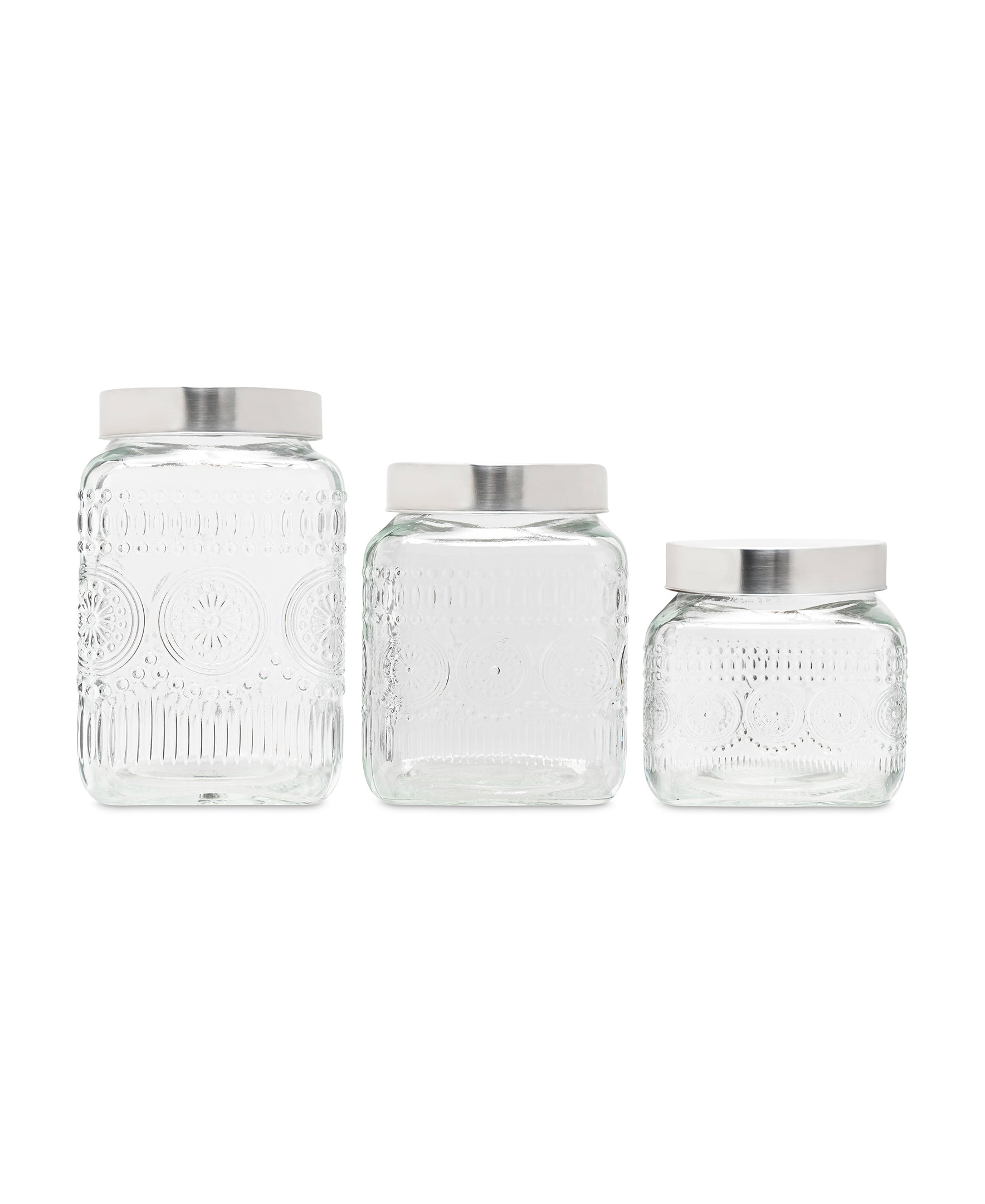 MEDALLION EMBOSSED SET/3 GLASS CANISTER W/SILVER LID 77oz, 64oz, 43oz