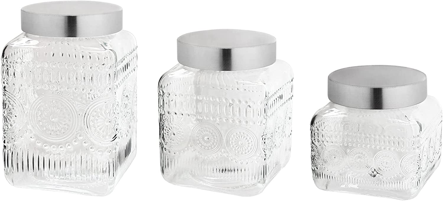 MEDALLION EMBOSSED SET/3 GLASS CANISTER W/SILVER LID 77oz, 64oz, 43oz