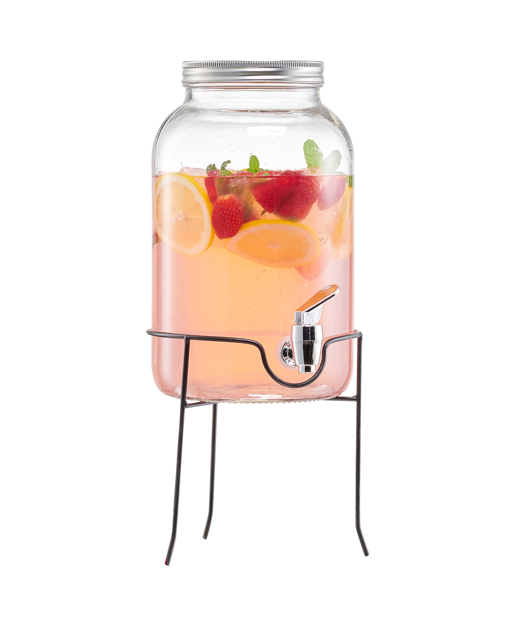 ORCHARD HILL  BEVERAGE DISPENSER WITH WIRE STAND 1 GAL/ DISPENSER+STAND 7.71 X 7.71 X 15.86"/ DISPENSER 6.25 X 6.25 X 10.11"/ STAND 7.71 X 7.71 X 7.91"