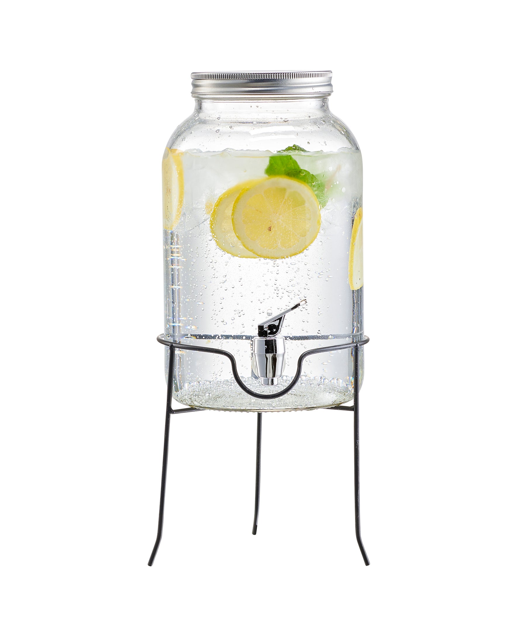 ORCHARD HILL  BEVERAGE DISPENSER WITH WIRE STAND 1 GAL/ DISPENSER+STAND 7.71 X 7.71 X 15.86"/ DISPENSER 6.25 X 6.25 X 10.11"/ STAND 7.71 X 7.71 X 7.91"