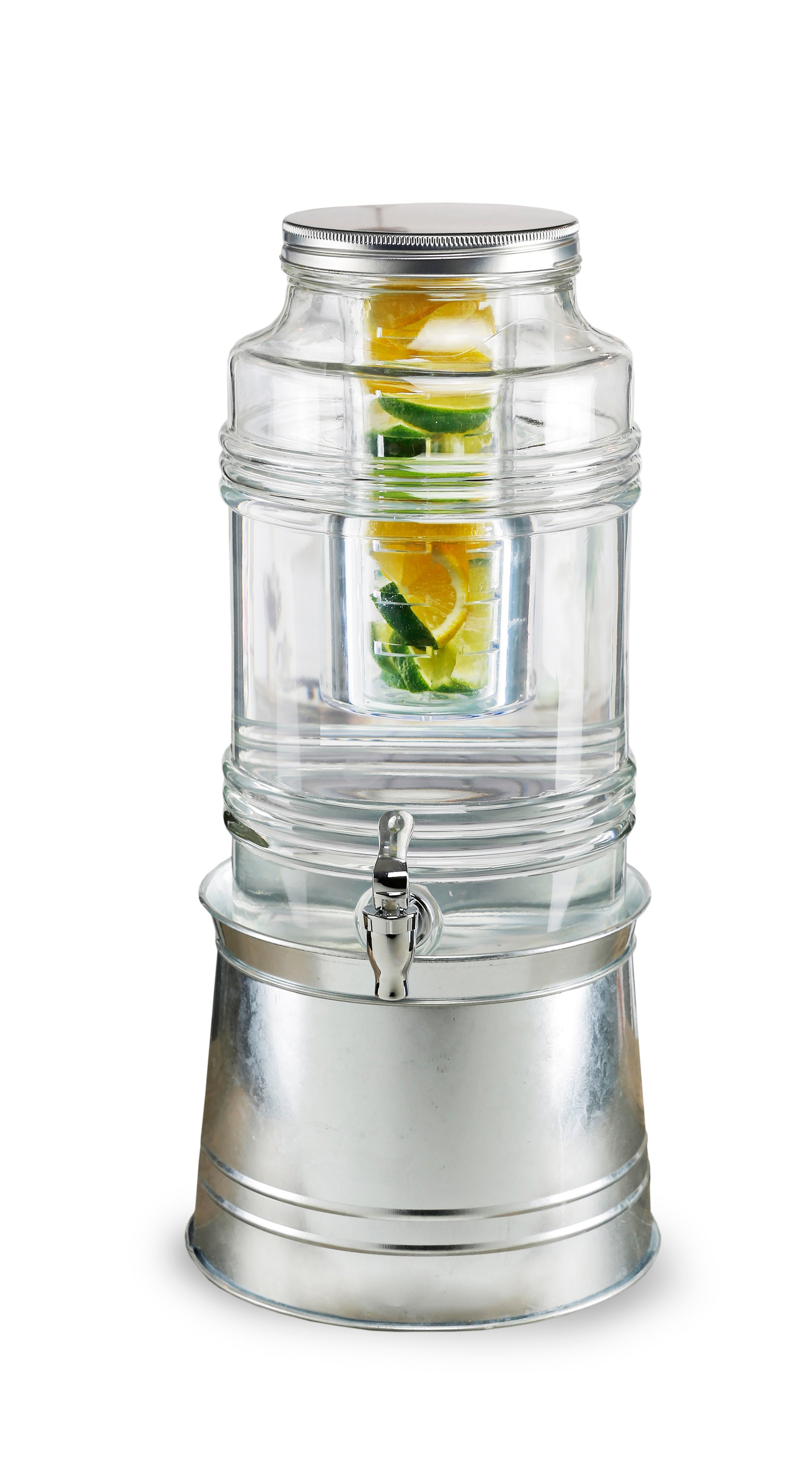 BUNGALOW BEVERAGE DISPENSER WITH ICE INSERT, FRUIT INFUSER, AND GALVANIZED BASE 2.4 GAL