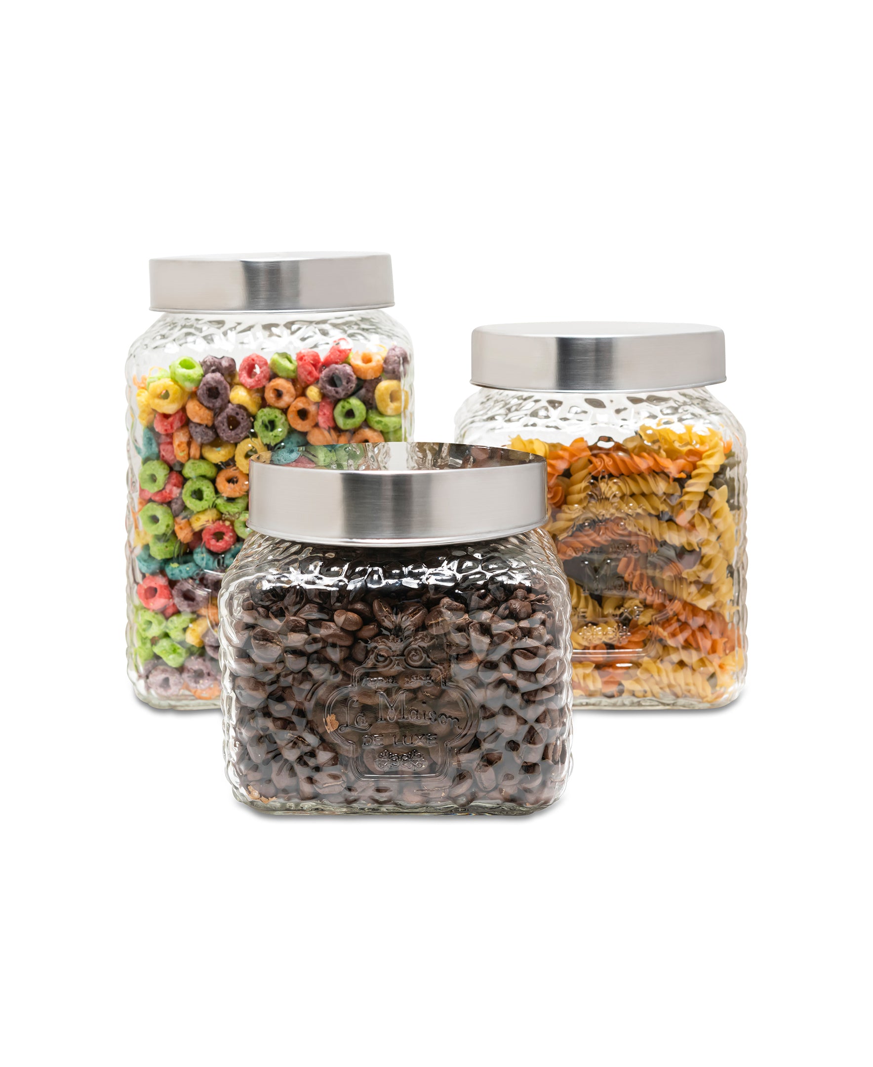 LA MAISON HAMMERED SQUARE 3PC CANISTER SET  75oz, 64oz, 43oz 5.08X5.08X7.87, 6.50, 4.92"H