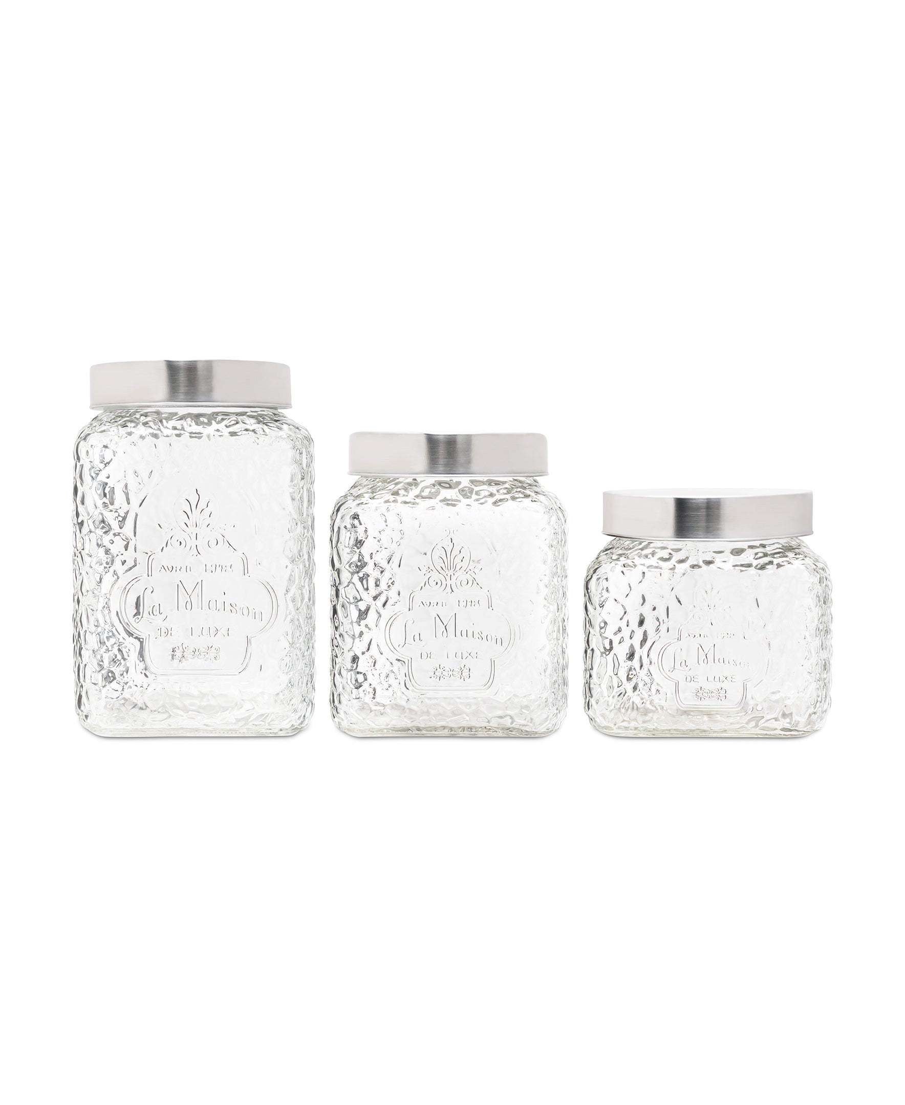 LA MAISON HAMMERED SQUARE 3PC CANISTER SET  75oz, 64oz, 43oz 5.08X5.08X7.87, 6.50, 4.92"H