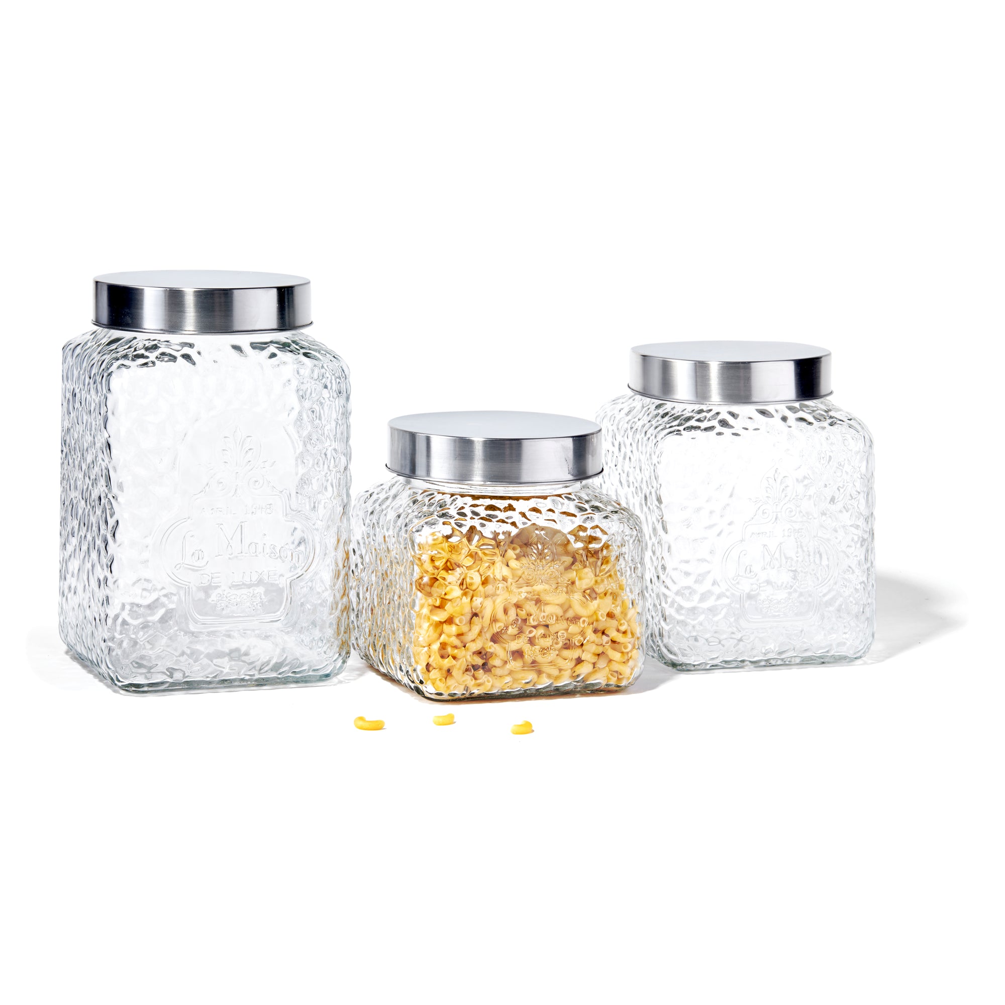 LA MAISON HAMMERED SQUARE 3PC CANISTER SET  75oz, 64oz, 43oz 5.08X5.08X7.87, 6.50, 4.92"H