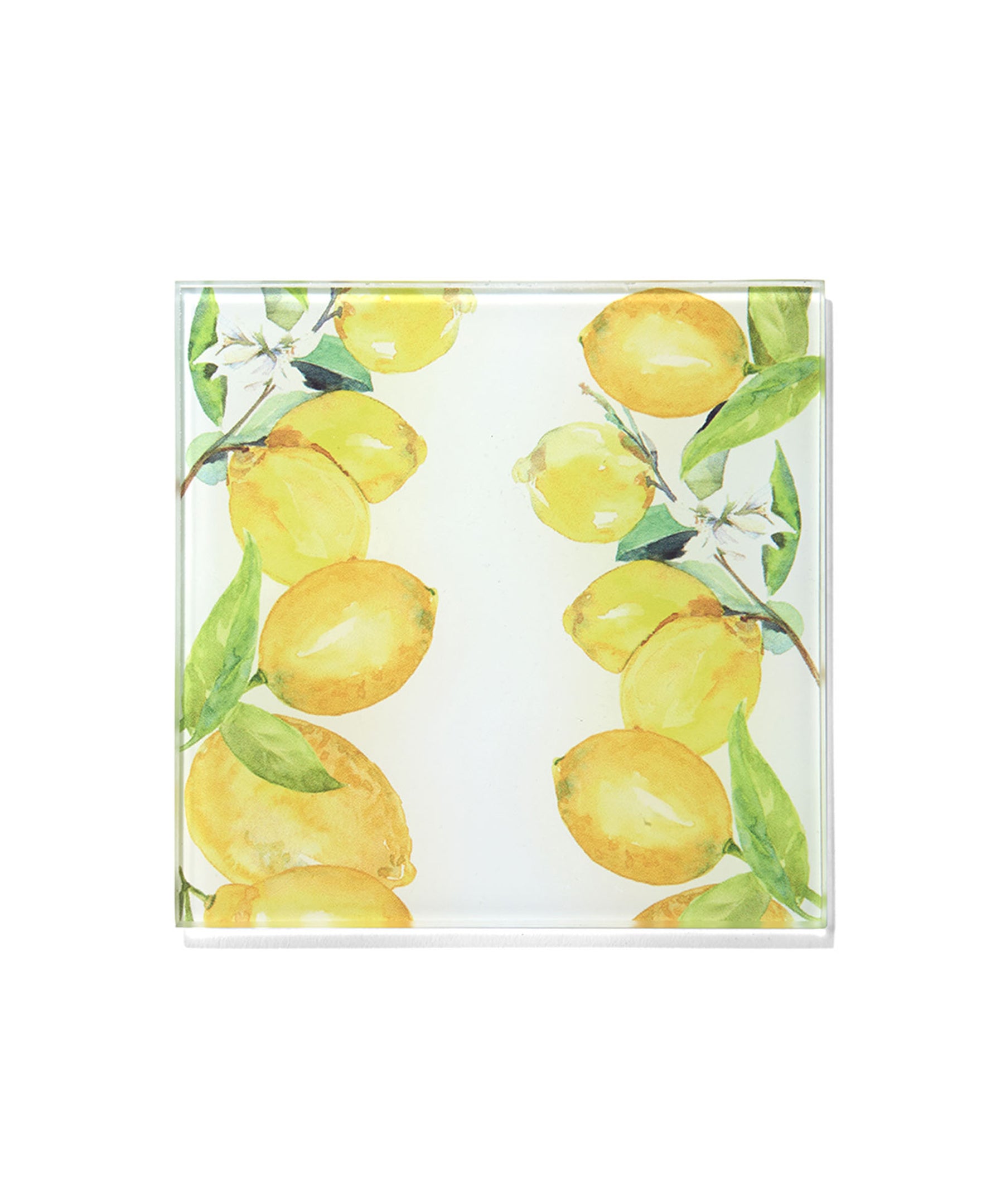 LEMON BRANCHES SET OF 4 GLASS COASTERS 4 X 4" pvc/ribbon/tag