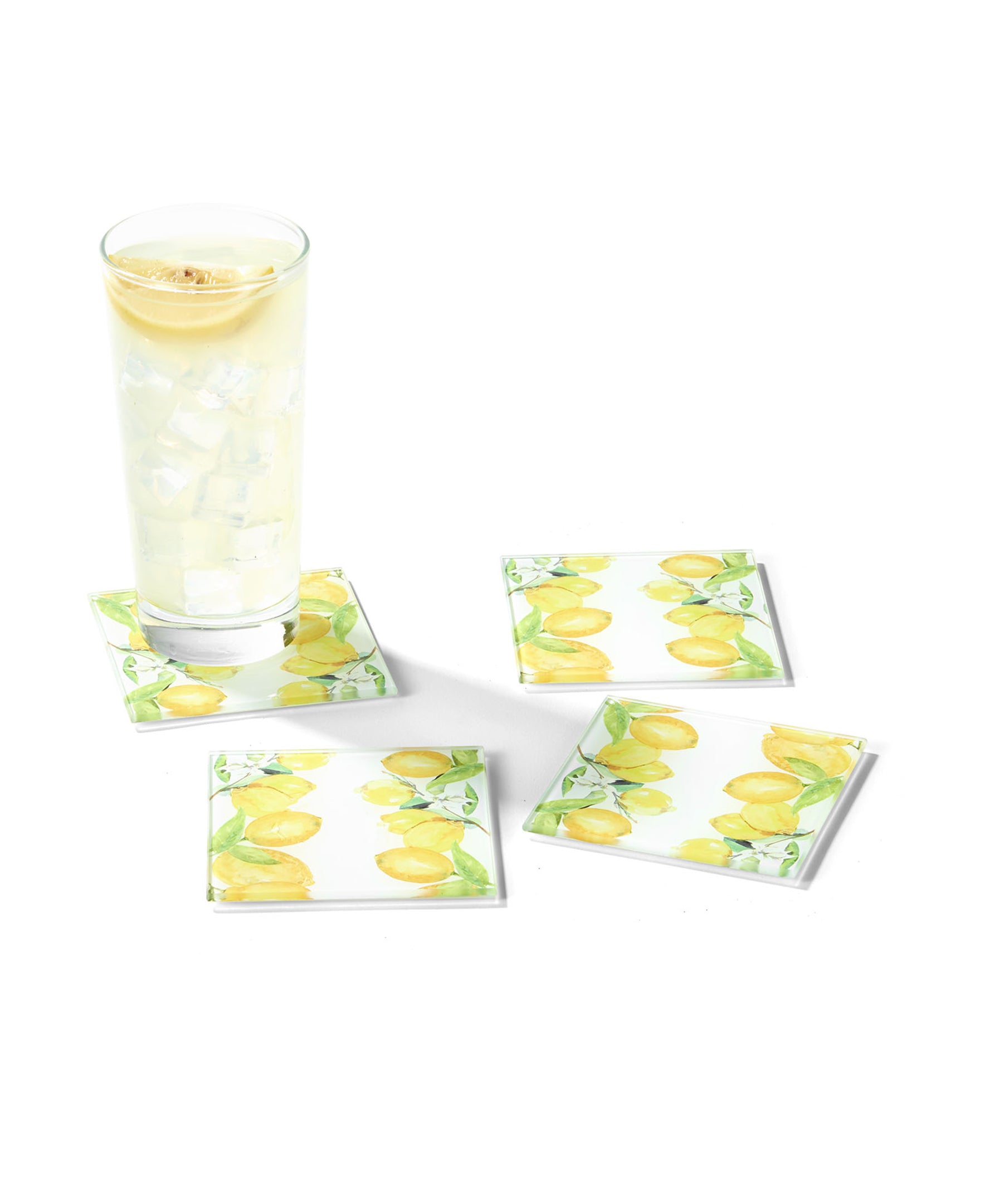 LEMON BRANCHES SET OF 4 GLASS COASTERS 4 X 4" pvc/ribbon/tag