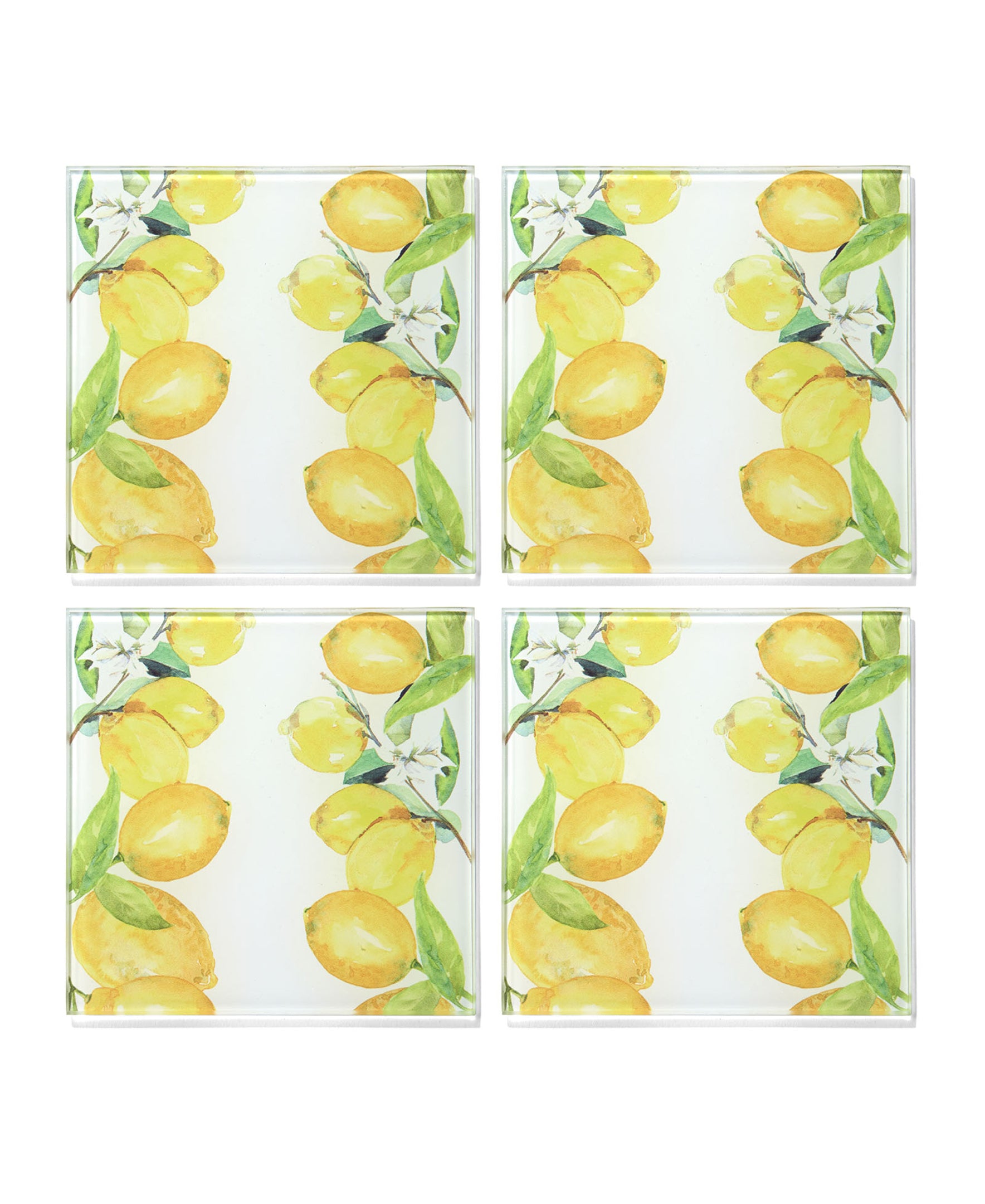 LEMON BRANCHES SET OF 4 GLASS COASTERS 4 X 4" pvc/ribbon/tag