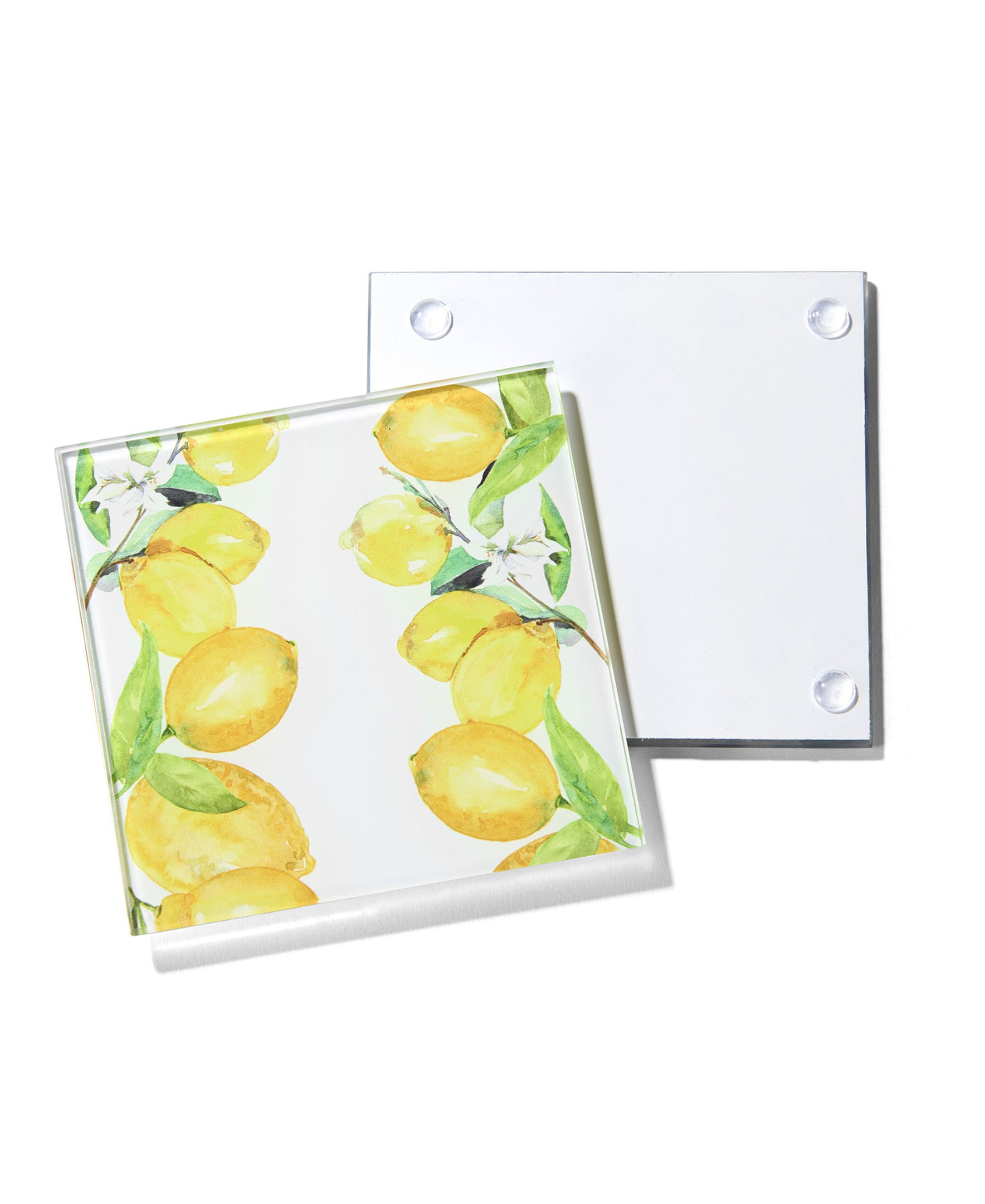 LEMON BRANCHES SET OF 4 GLASS COASTERS 4 X 4" pvc/ribbon/tag