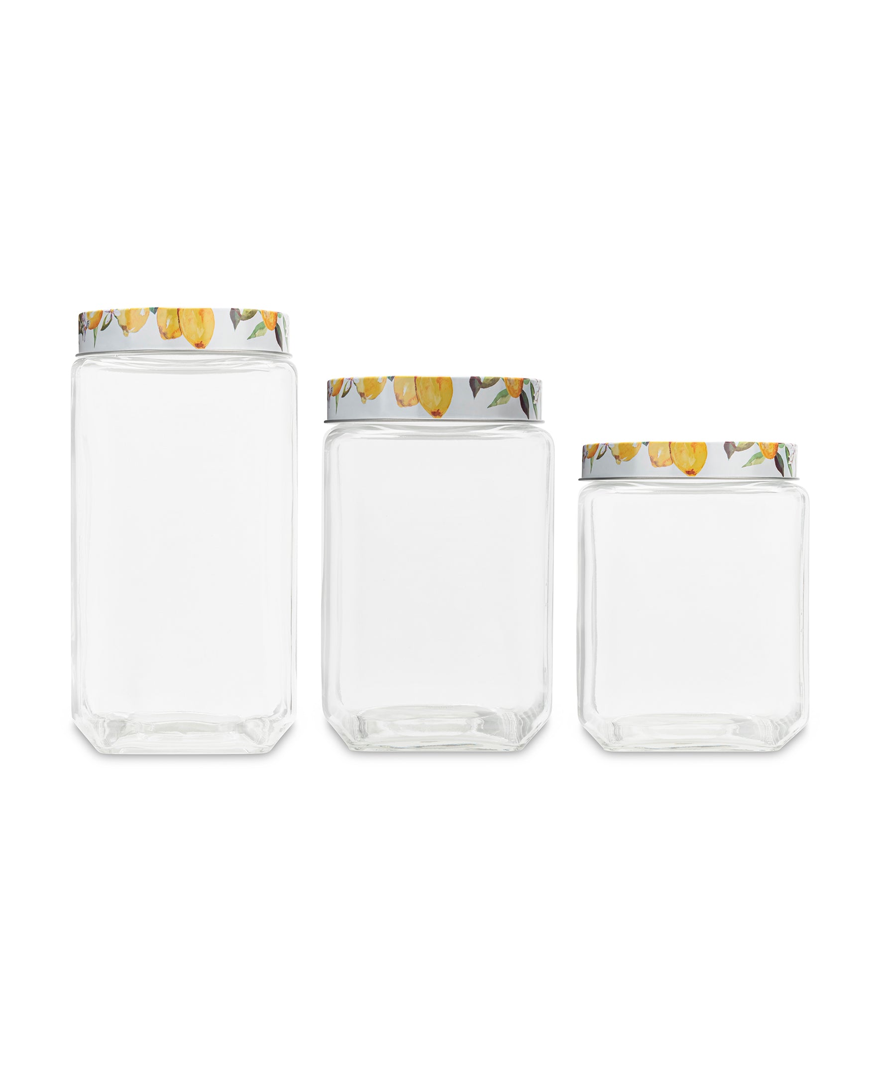 LEMON BRANCHES SET OF 3 SQUARE CLEAR GLASS JARS WITH PRINTED LIDS 74 OZ, 63 OZ, 45 OZ RB 4.33x4.33x8.66", 4.33x4.33x6.69", 4.33x4.33x5.11"