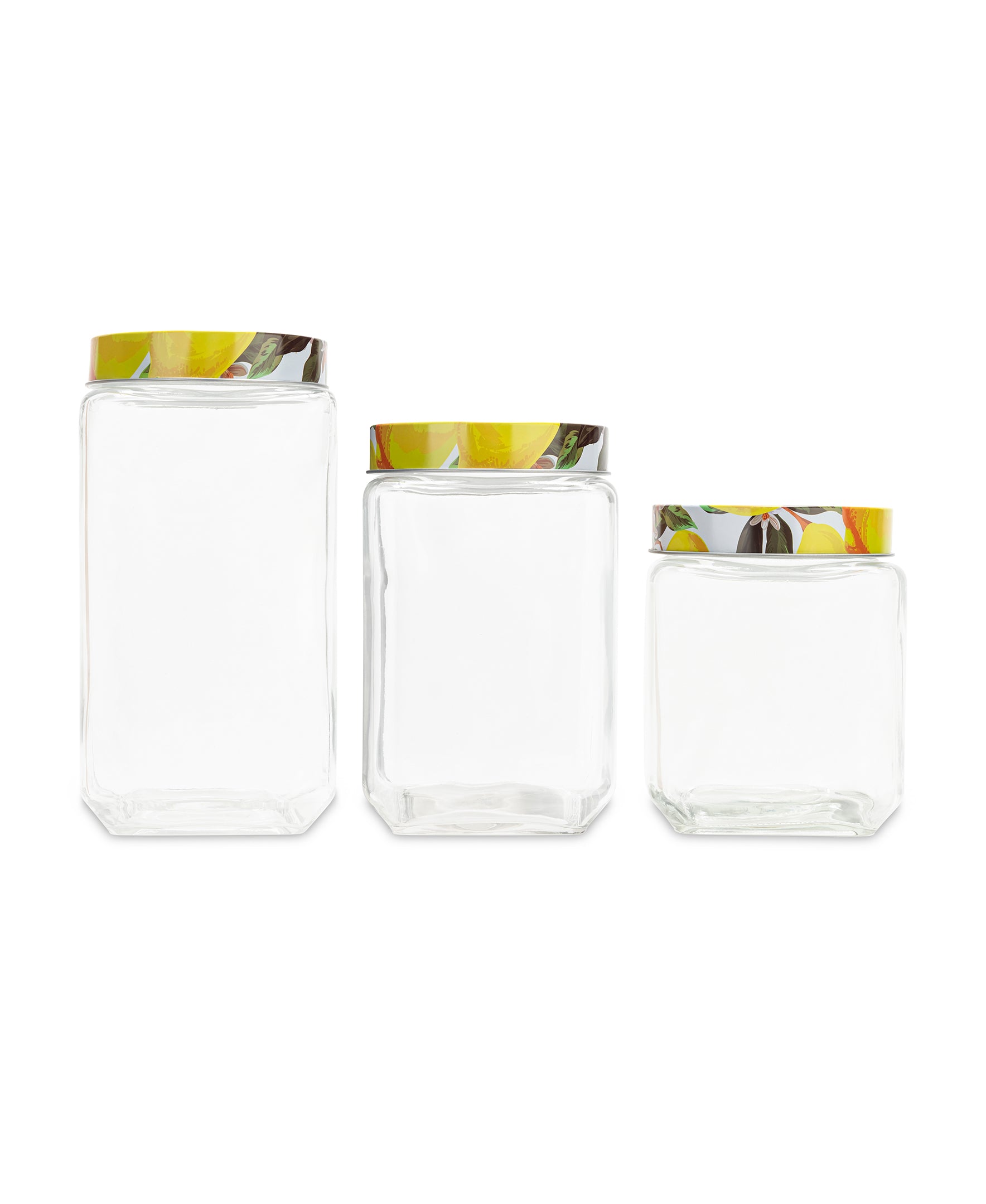 MEYER LEMONS SET OF 3 SQUARE CLEAR GLASS JARS WITH PRINTED LIDS 74 OZ, 63 OZ, 45 OZ RB 4.33x4.33x8.66", 4.33x4.33x6.69", 4.33x4.33x5.11"