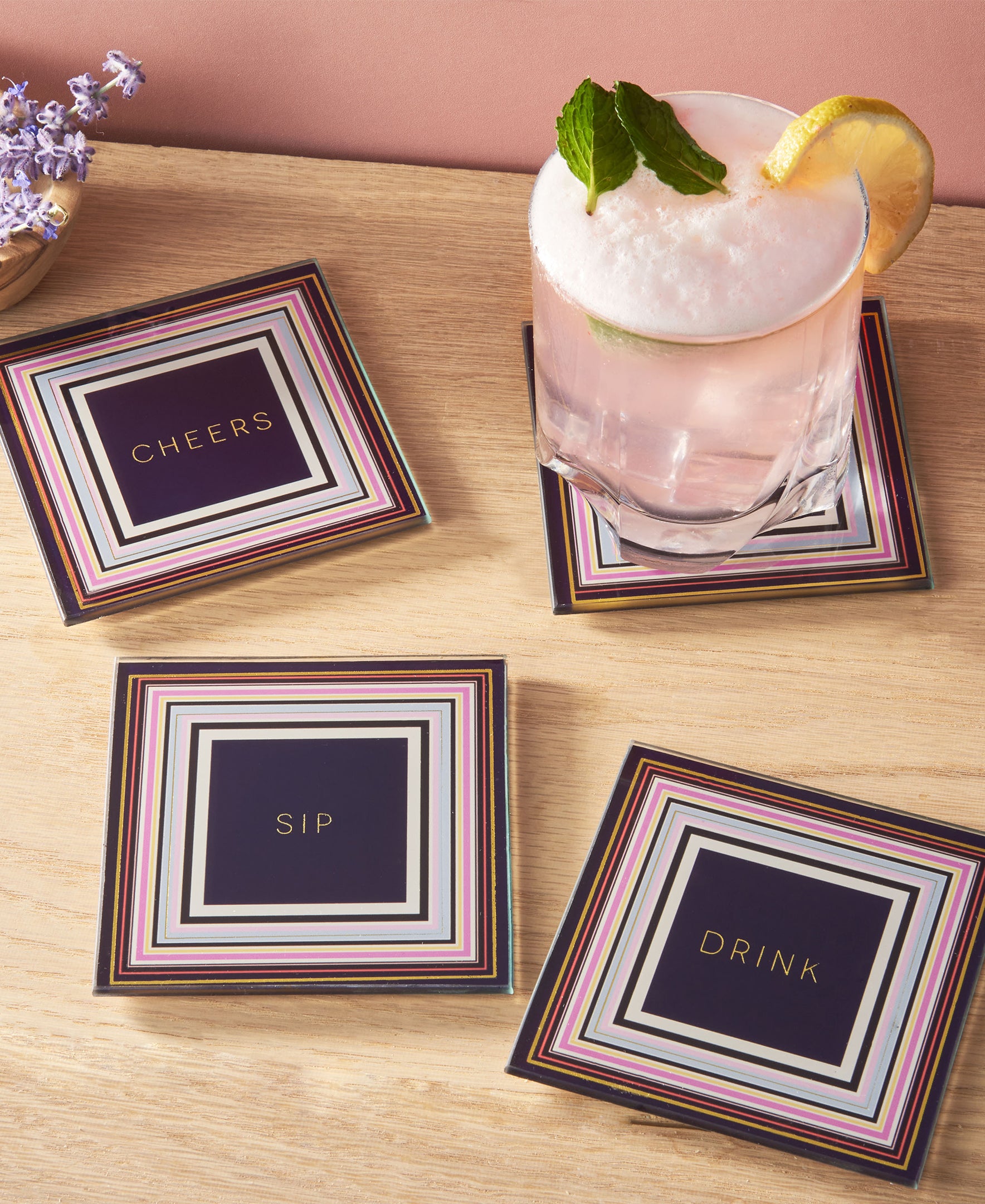 CHEERS TO YOU  GOLD/WH SET OF 4 GLASS COASTER SET 4"D