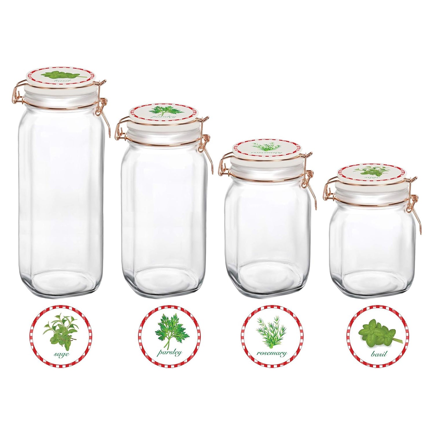 4-Piece Glass Canister Set with Ceramic Herb Decal Lids